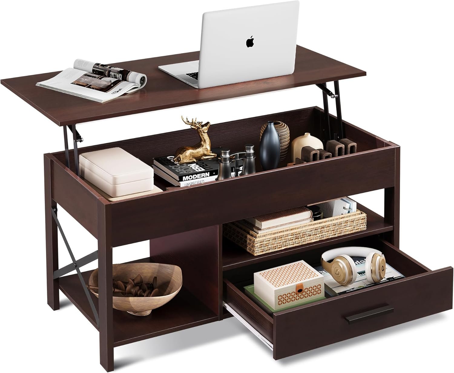 WLIVE Lift Top Coffee Table, 39″ Coffee Table with Storage Drawers, Hidden Compartment, Wooden Lift Tabletop Center Table for Living Room, Home, Rustic Oak