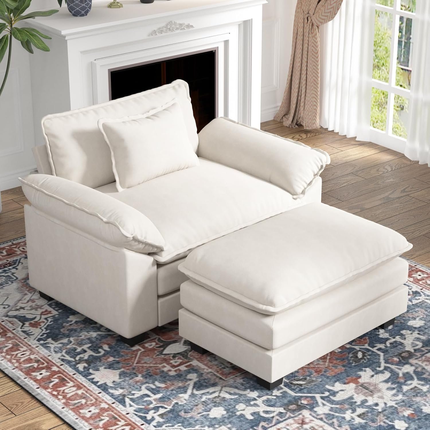 CDCASA Oversized Accent Chair with Ottoman, Velvet Comfy Cloud Sofa Chair with Large Seat and Upholstered Armrests, Modern Extra Wide Armchair Reading Chairs for Bedroom, Living Room, Beige