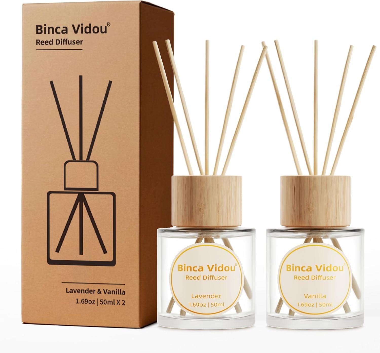 Reed Diffuser Set, Binca Vidou Lavender & Vanilla Natural Scent Oil Diffusers with Sticks for Home Office Bathroom Aromatherapy Decor 1.69oz x 2