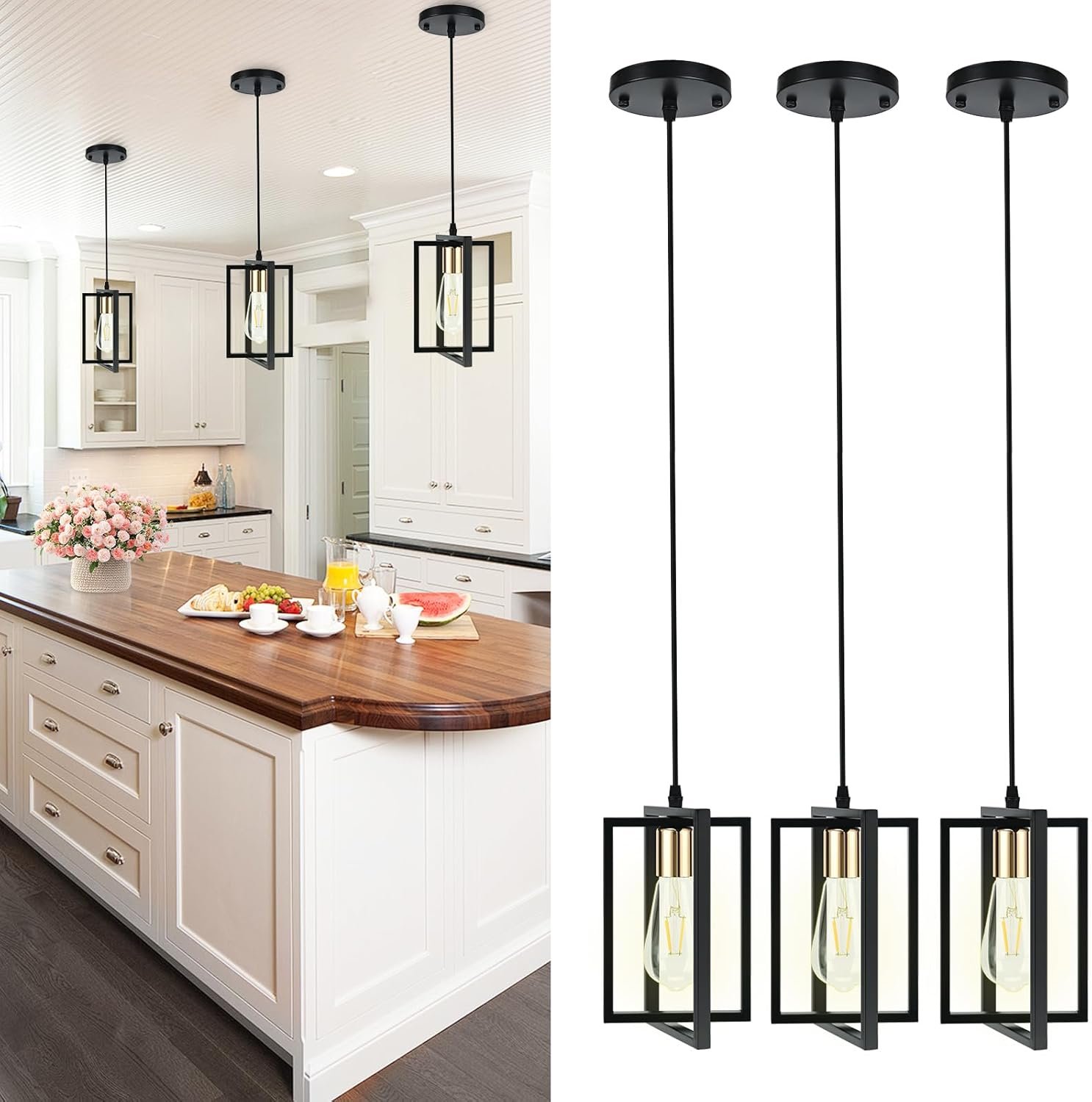 WKWKTOTO 3 Pack Black Pendant Lights for Kitchen Island, Industrial Hanging Light Fixture with Durable Metal Shades, Kitchen Island Lighting for Dining Room, Entryway, Restaurant