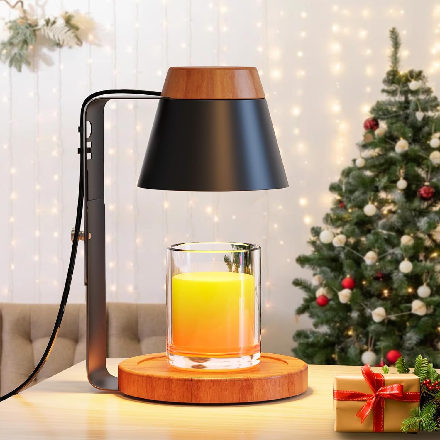 Candle Warmer Lamp with Timer, Stepless Dimmable Candle Lamp Warmer, Electric Candle Warmer Adjustable Height, Wax Warmer for Scented Wax with 2 Bulbs, for Festival&Home Decor (Black Mini)