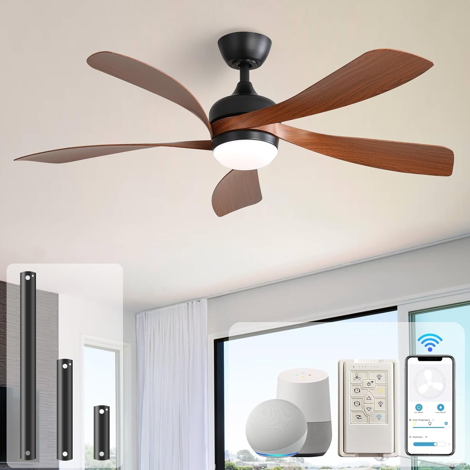 Sofucor 52″ Smart Ceiling Fan, Indoor/Outdoor Ceiling Fans with Lights and Remote, Compatible with Alexa/Google/App, 3-Color Light 6-Speed Timing Reversible DC Motor for Bedroom Living Room Patio