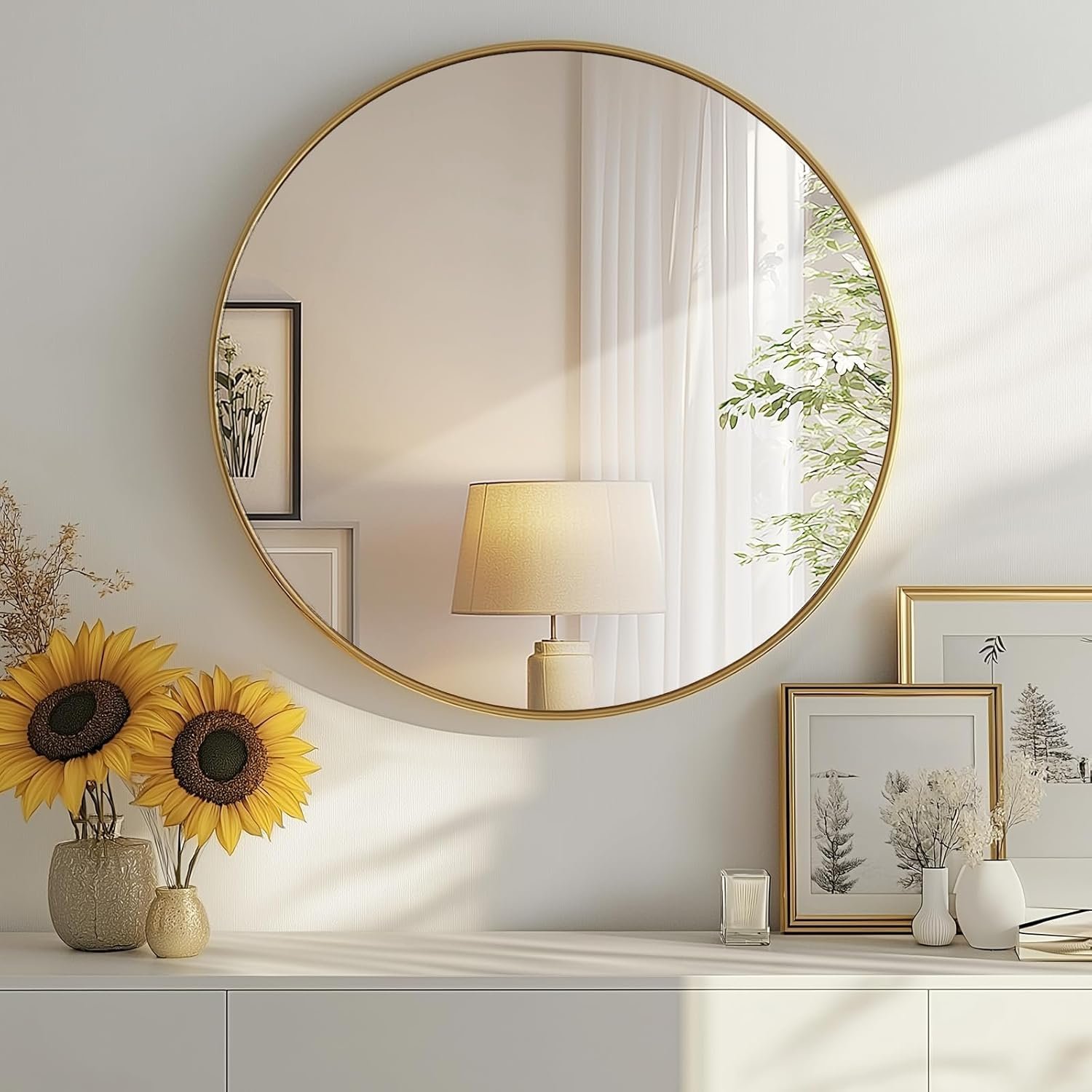 DUMOS Gold Circle Mirror for Wall 24.02 inch, Bathroom Round Mirror for Over Sink, Bathroom, Entryway, Bedroom, Vanity