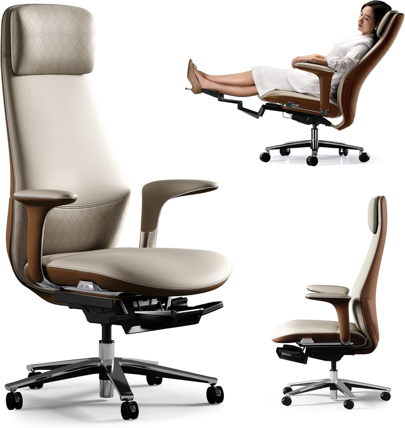TOMU Executive Office Chair with Foot Rest, Top Grain Genuine Leather Office Chair, Ergonomic High Back Design. Real Leather, Wheels, Alumium Base. Padded Armrest, Luxury and Comfy (Beige)