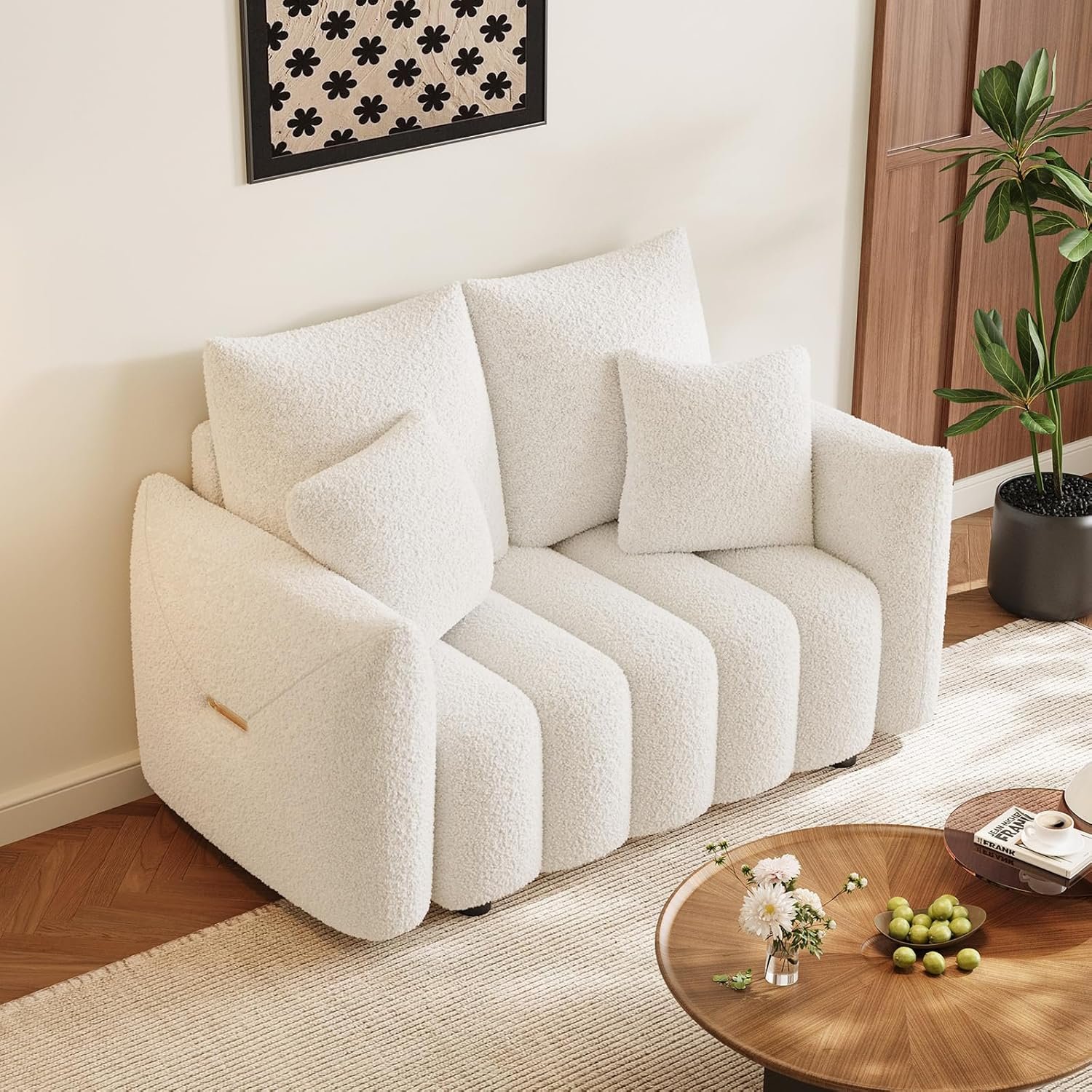 OUYESSIR 56″ Modern Sofa Couch, Comfy Deep Seat Teddy Cloud Sofa, Upholstered 2-Seater Boucle Couch, Oversized Loveseat for Living Room, Bedroom, Office, Apartment, Beige White