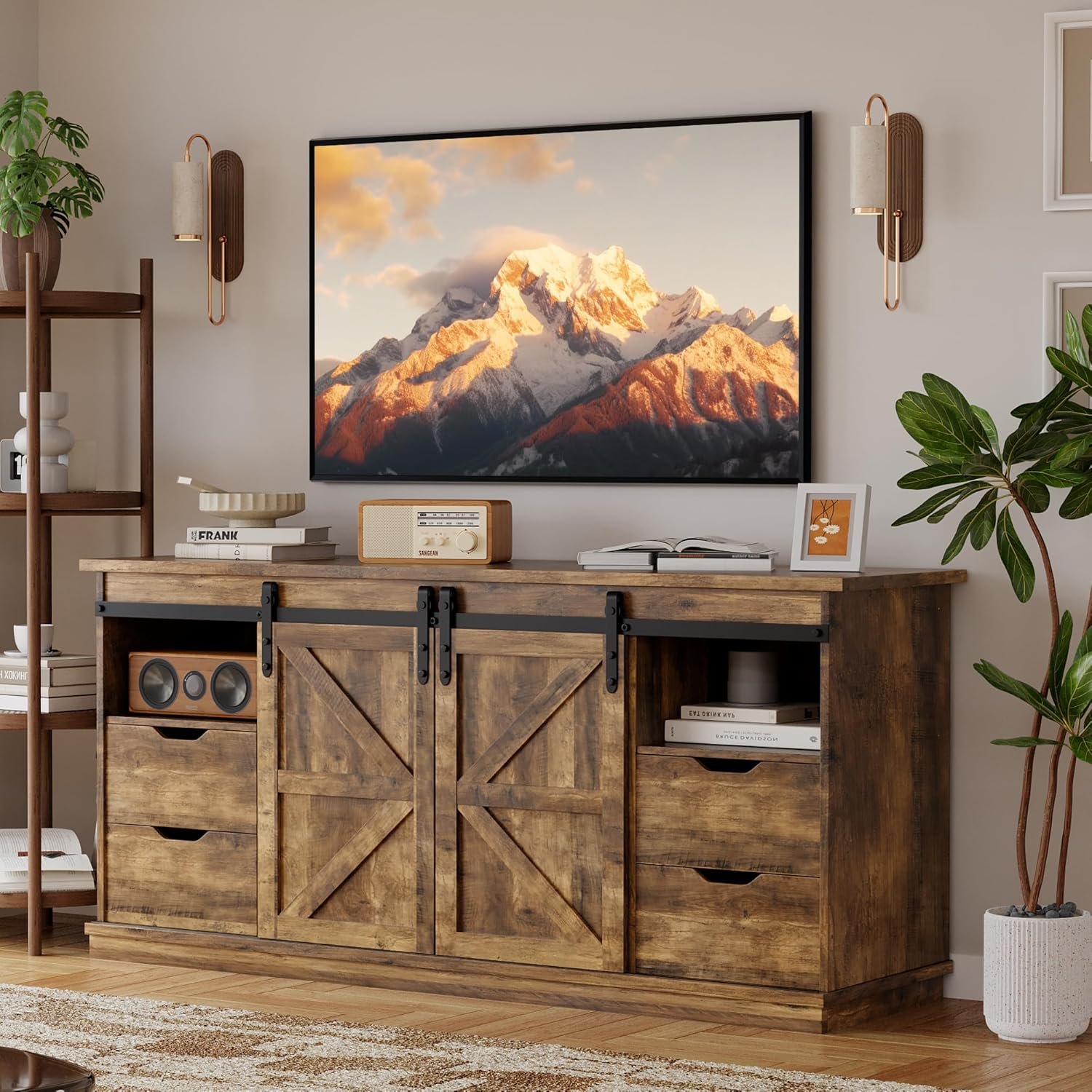 YESHOMY Farmhouse TV Stand for Televisions up to 65 Inch, Wood Entertainment Center with Sliding Barn Doors and 4 Storage Drawers, 58’’ Media Console Cabinet with Shelves for Living Room, Barnwood