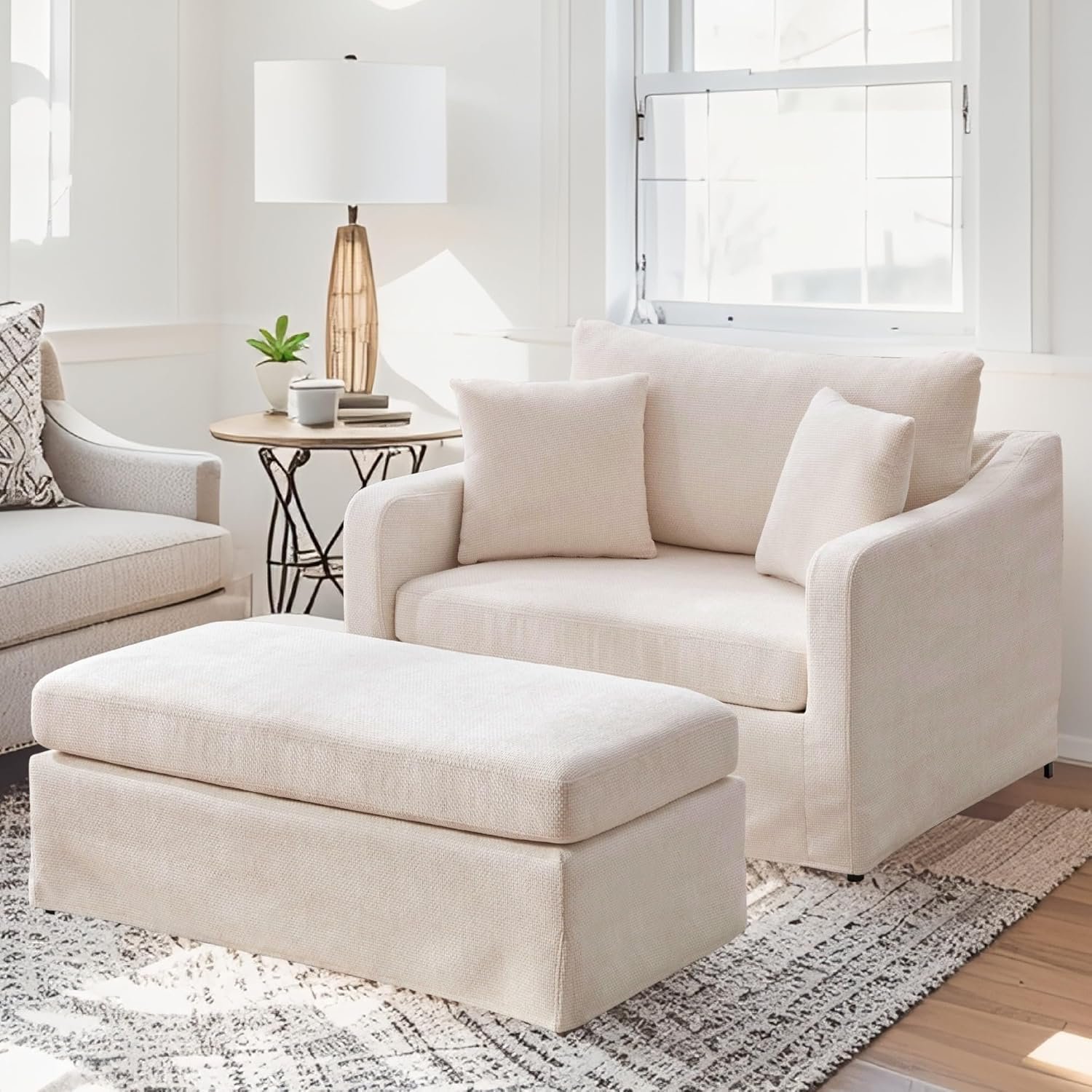 Sinzho & Wiyfun 45.3″ Oversized Accent Chair with Ottoman Set Upholstered Chenille Reading Armchair Single Sofa Chair with 3 Pillows and Black Metal Legs for Living Room, Beige