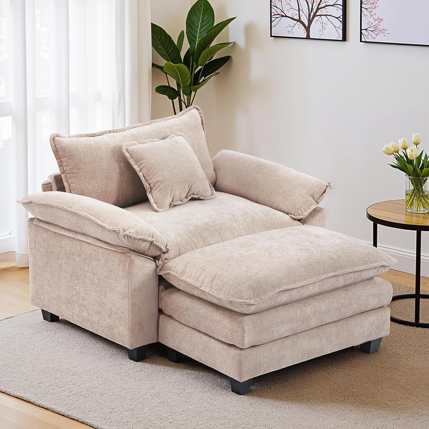 Oversized Accent Chair with Ottoman,Oversize Chair Chenille Sofa with Armrests,Comfy Living Room Sofa with Deep Seat & Pillows,Oversized Reading Accent Chairs Couch Lounge for Bedroom (Khaki)