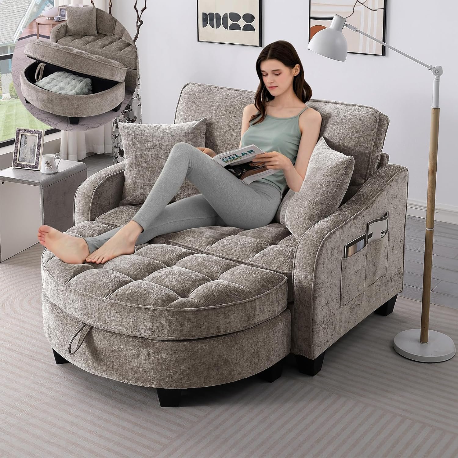 Oversized Curved Chaise Lounge Chair Indoor with Ottoman, 54.8″ Cloud Boneless Reading Chair Soft Chenille Circle Couch for Living Room, Apartroom, Bedroom, Brown