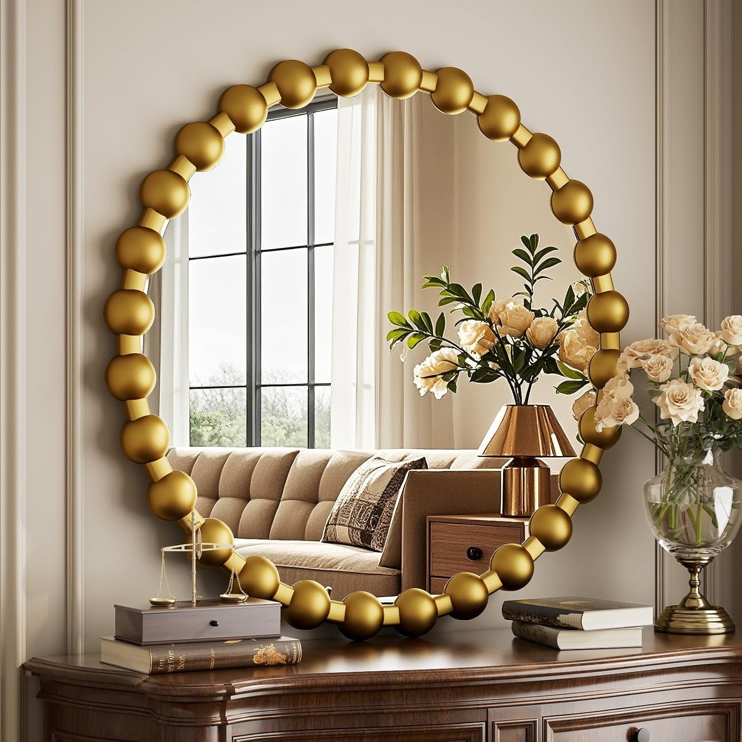 Easly Round Mirror for Wall, 24 Inch Gold Beaded Frame Decorative Vanity Mirror, Circle Bathroom Mirror with High-Definition Lense, Modern Wall Decor for Bathroom, Living Room, Bedroom, Entryway