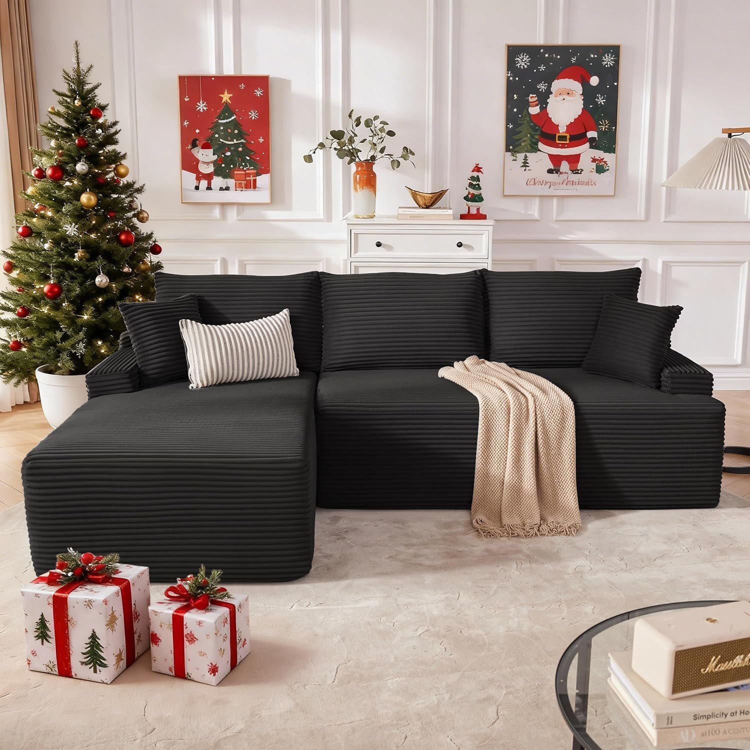 Cloud Sectional Sofa, Boneless Couch for Living Room, Modular Sectional Sofa with Deep Seat, Fluffy Comfy Couch with L-Shaped Chaise, No Assembly Required, Black