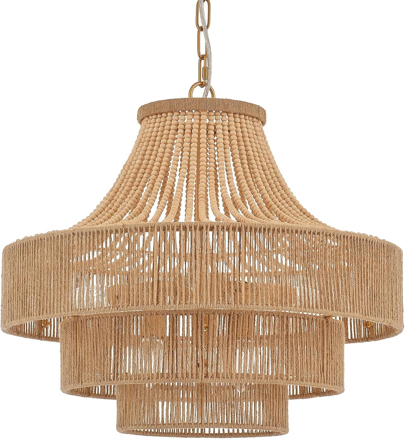 Wood Beaded Rattan Chandelier Boho Hand Woven Pendant Light 6-Lights Adjustable Coastal Pendant Lighting Fixtures for Dining Living Room Kitchen Hallway, Dia 20”, UL Listed