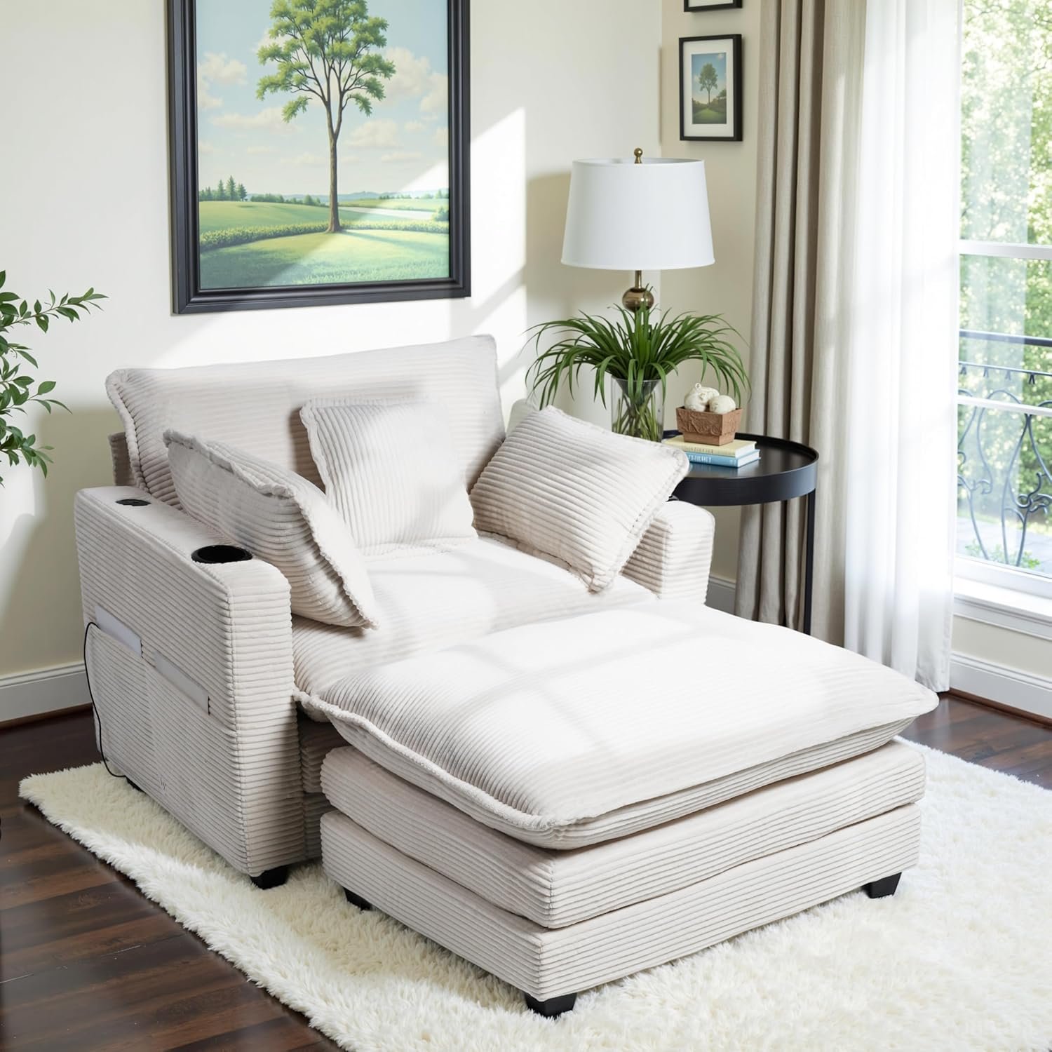 Corduroy Oversized Chair with Ottoman – 44″ W Large Comfy Accent Chair and Ottoman Set, Modern Single Sofa Armchair with USB Port & Cup Holders, Cloud Chaise Lounge for Living Room(Biege)