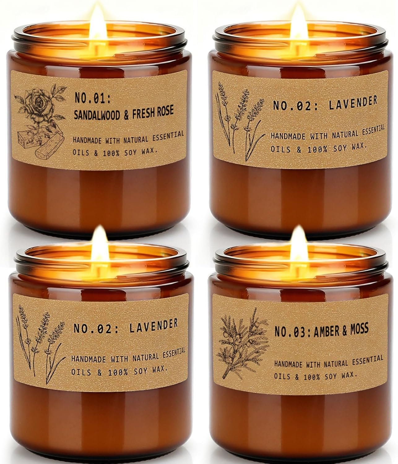 Classic 7 oz Scented Candle Gift Set, 10% Essential Oils Soy Wax Candles in Vintage Amber Jars, Aromatherapy 4-Pack – Sandalwood Rose, Lavender – Luxury Holiday Gifts for Women, Organic Soy Wax