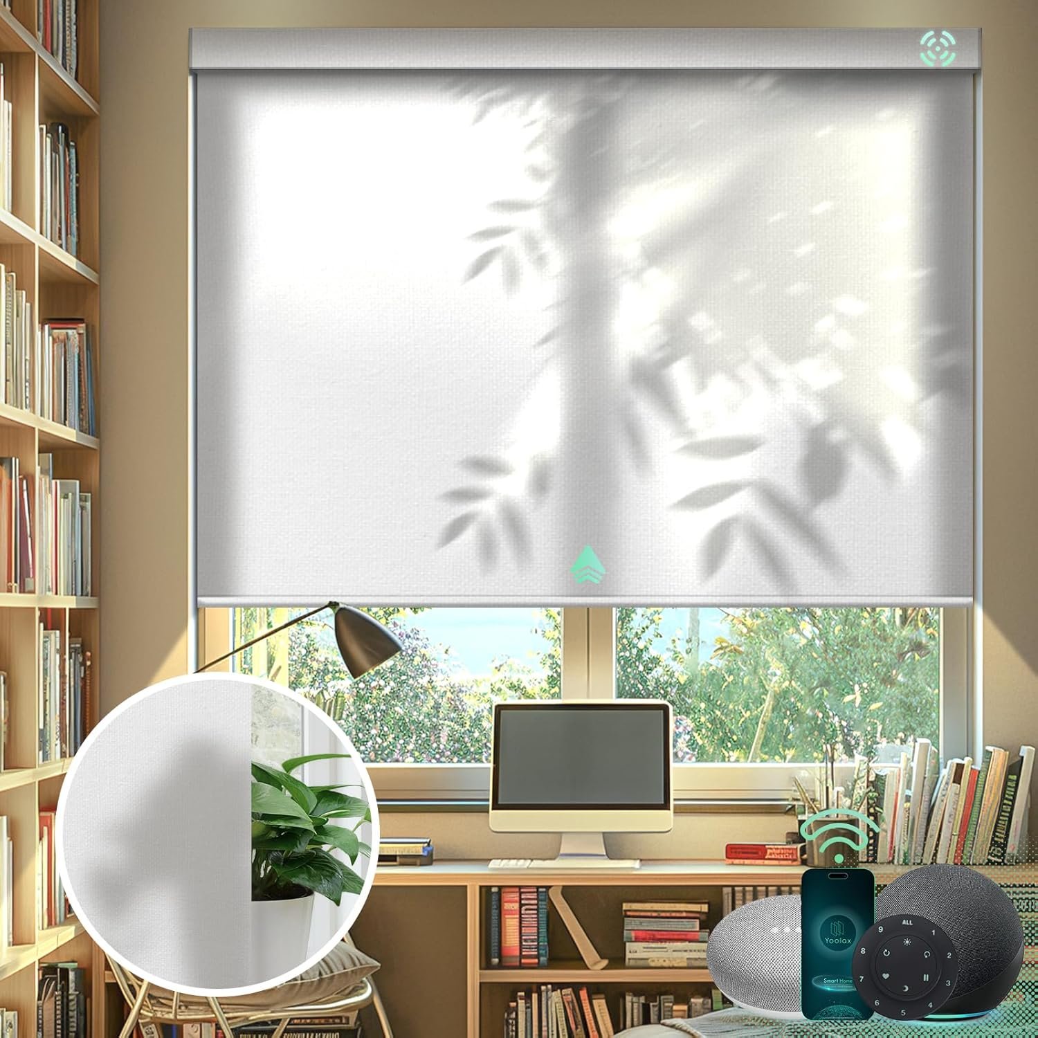 Yoolax Motorized Blinds with Remote, Light Filtering Smart Blinds Work with Alexa Google Home, Automatic Roller Shades for Indoor Windows Living Room, Custom Size (Pure White)