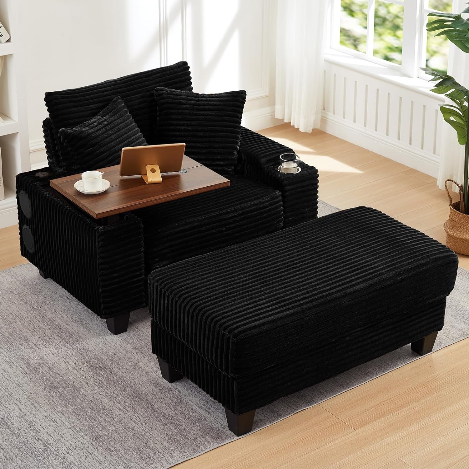 cinkehome Oversized Accent Chair with Ottoman & Table Board & Bluetooth Speaker, Comfy Upholstered Armchair, Oversize Lounge Chair for Living Room, Reading Nook, Cup Holder (Black Corduroy)