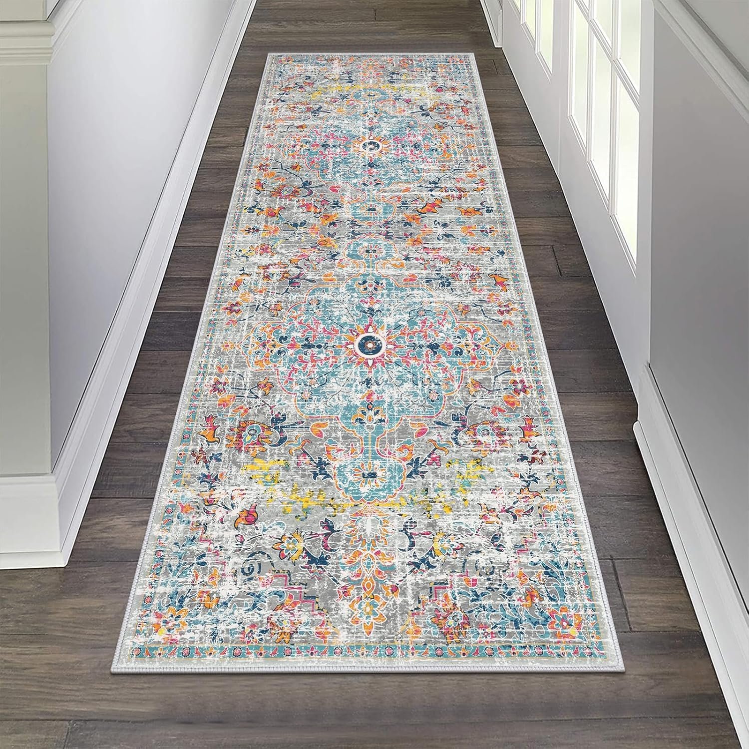 Pauwer Hallway Runner Rug 2’x6′ Washable Boho Farmhouse Entryway Kitchen Runner Vintage Non Slip Laundry Room Bathroom Area Rugs Rubber Backed Front Door Foyer Bedroom Floor Mat Carpet Runner, Grey