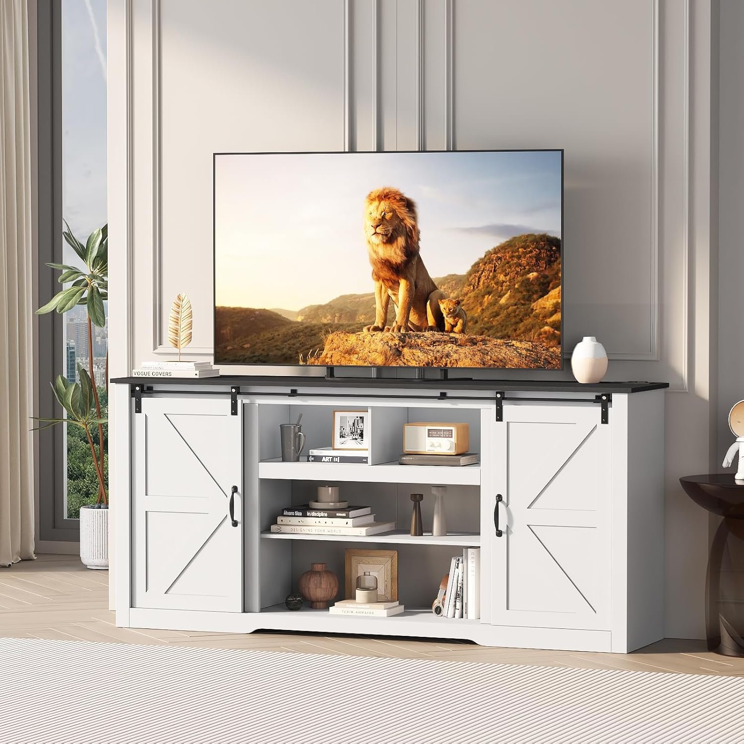 GarveeLife 70 in Farmhouse TV Stand with Power Outlets for Televisions Up to 80 in TVs, Sliding Barn Door & Large Storage Cabinets with Adjustable Shelf, 32 in Tall TV Media Console, White