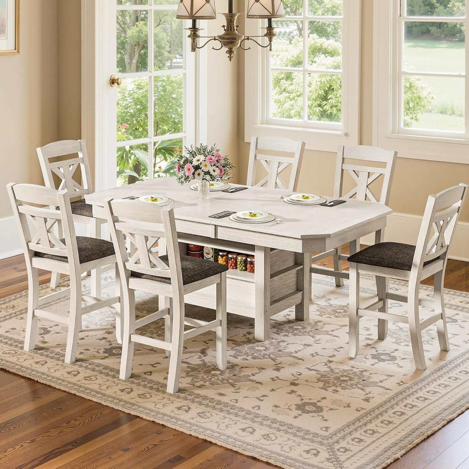 7-Piece Extendable Solid Wood Dining Table Set for 6, 77.7in Large Farmhouse Dining Table with 6 Upholstered Dining Chairs for Dining Room, Kitchen, Washed Gray