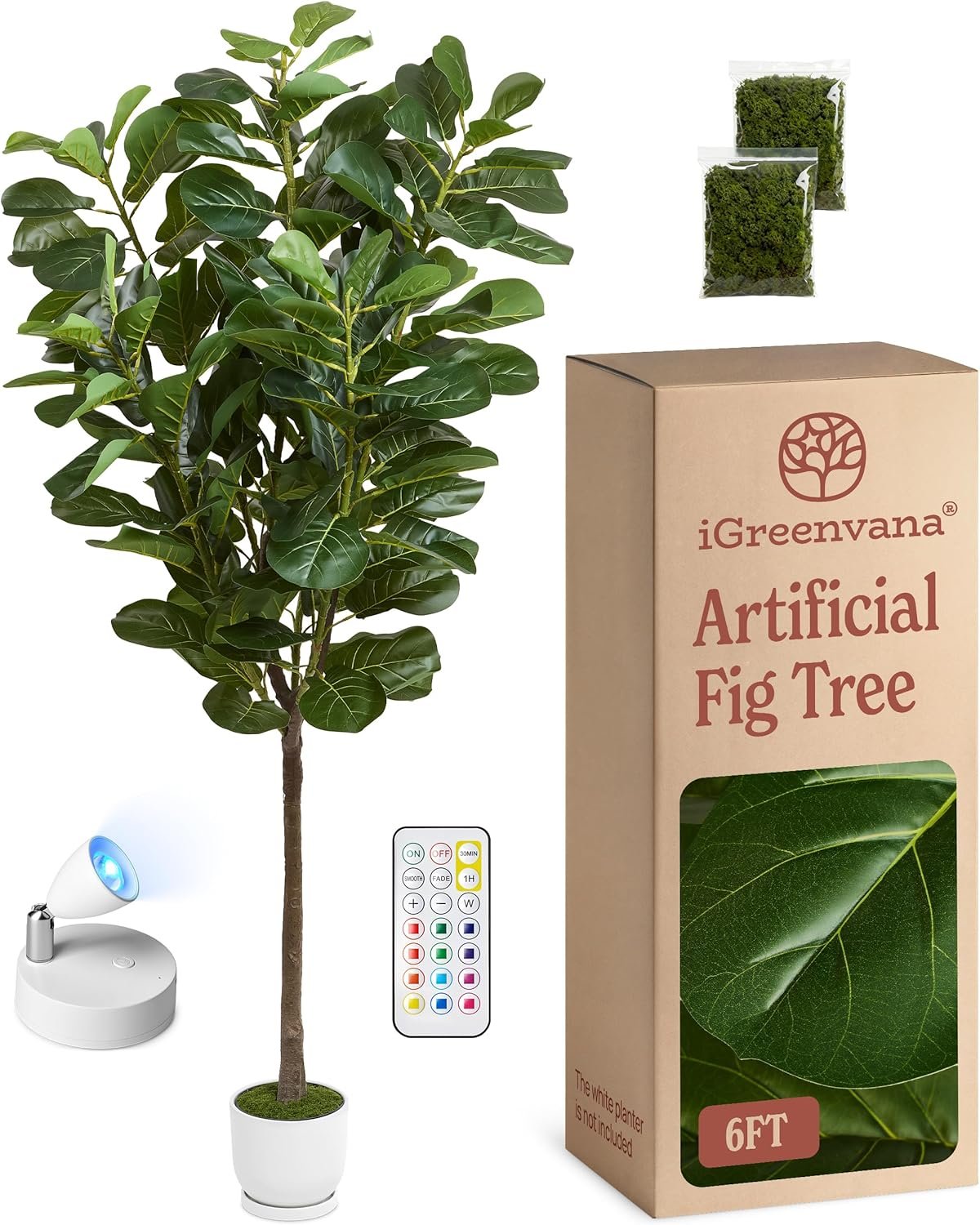 Artificial Fiddle Leaf Fig Tree | 6ft Realistic Fake Tall Plant | Odor-Free Floor Plant Fig Tree w/Black Pot, Faux Moss, Rechargeable LED Spotlight, Remote, USB Cable; Large Fake Plants/Big Plants