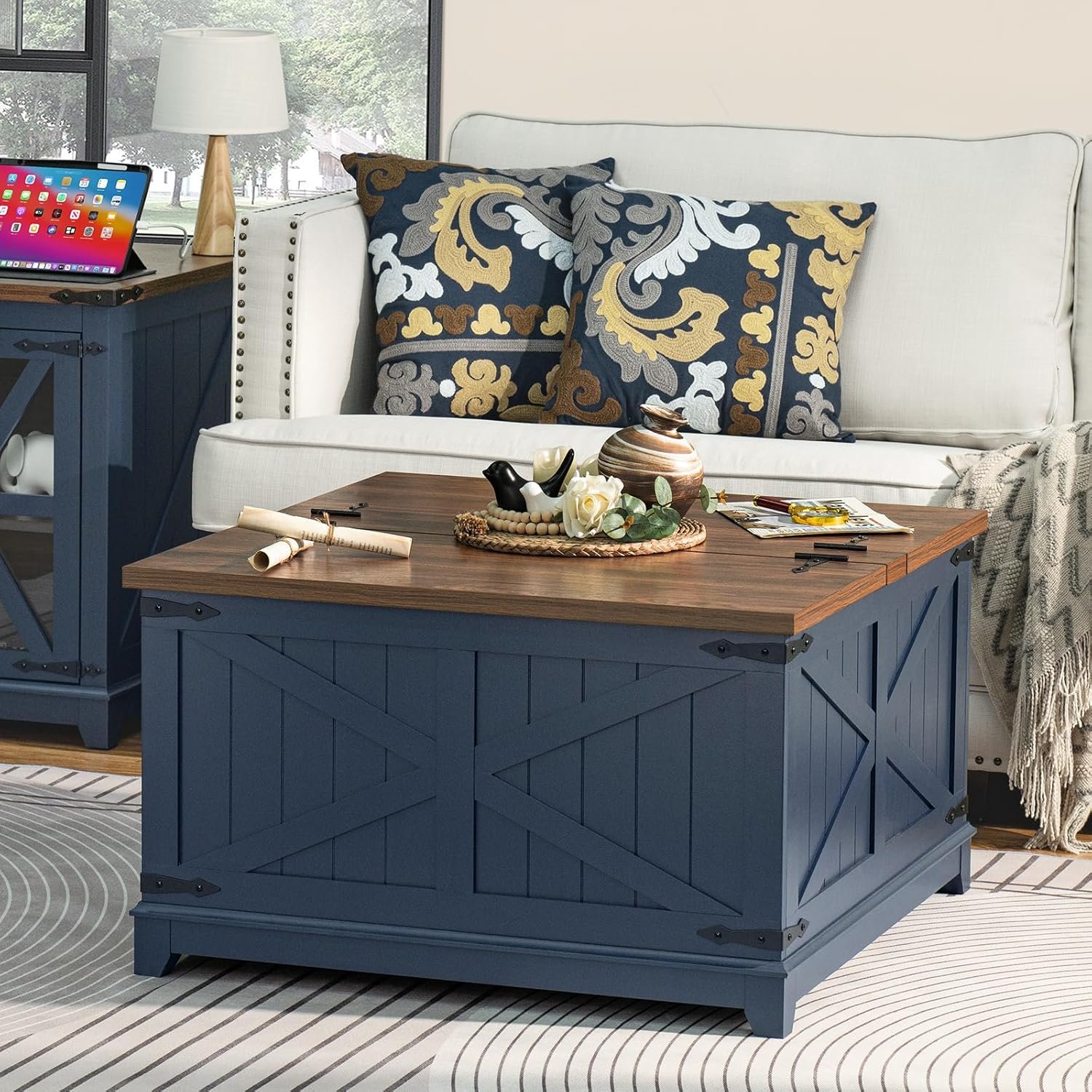 Farmhouse Coffee Table with Hidden Storage Organizer, Modern Square Large Center Table, Wood Farm House Low Navy Blue Living Room Tables with Hinged Lift Top for Home, Office