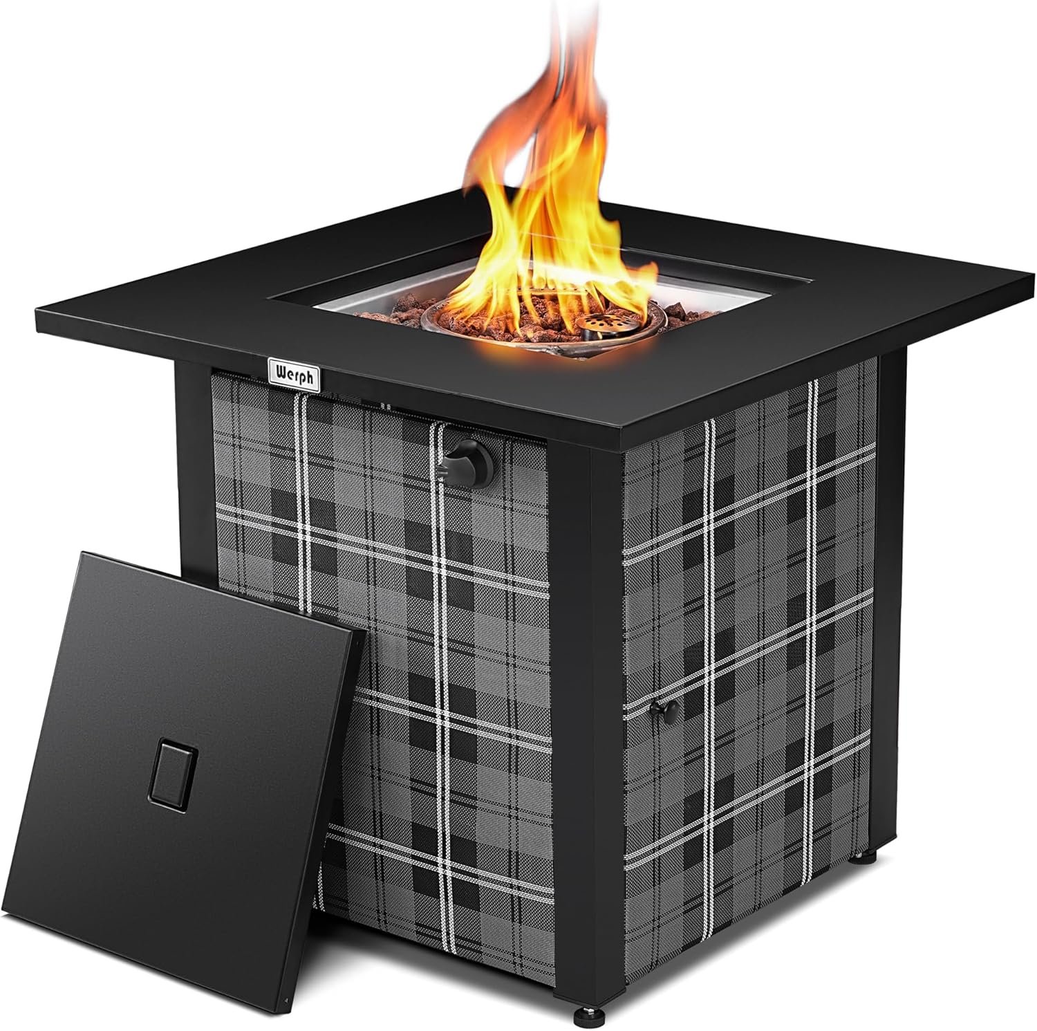 28 in Propane Fire Pit Table, ETL-Certified Fire Table with Lava Rocks for Patio Deck Garden Courtyard, 50,000 BTU Square Fire Pit Table with Lid, Black