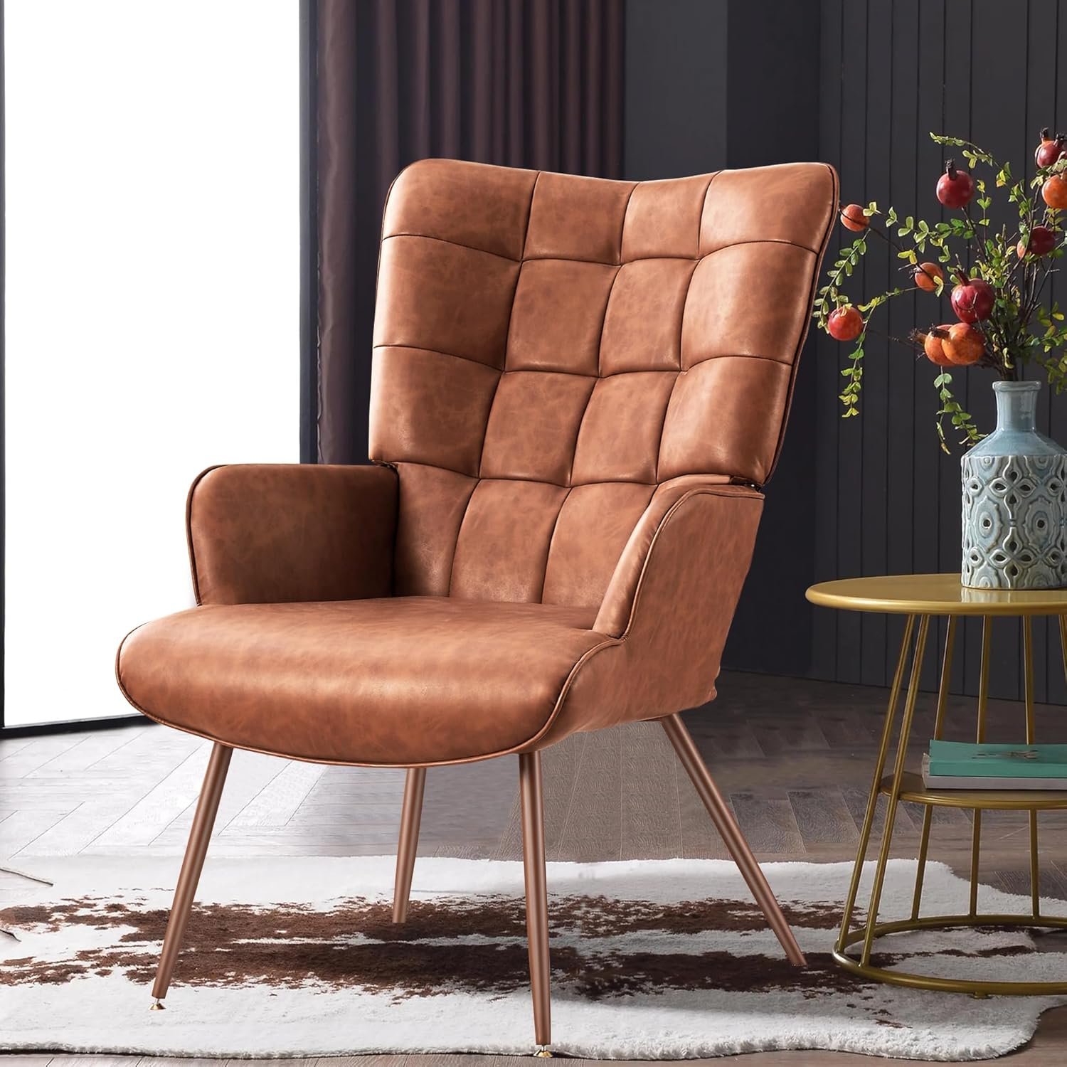 Kosydown PU Leather Accent Chair, High Back Wingback Chair, Comfortable Single Seating, Elegant Tufted Accent Chair for Living Room, Bedroom, Office, Reading Room, Brown