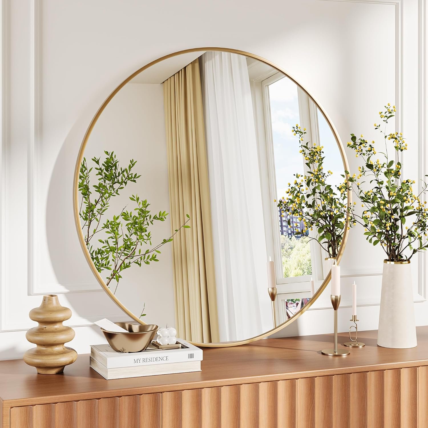36″ Gold Round Mirror for Wall, Large Circle Bathroom Mirror, Matte Gold Metal Frame, HD Eco-Friendly Glass, Contemporary Vanity Entryway Hallway Living Room Home Decor, Easy to Hang