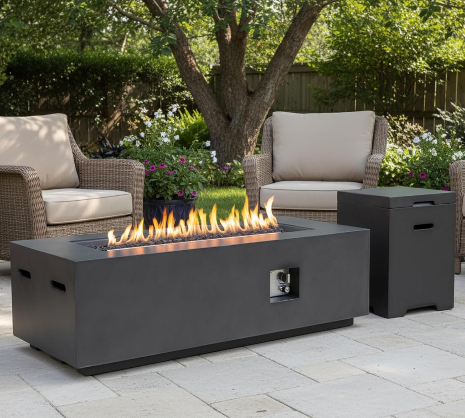 60-Inch Propane Fire Pit Table with Propane Tank Side Table,Set-2-Piece,60,000 BTU Concrete Gas Fire Pit with Free Rain Cover, Tank Seat, Lava Rocks, for Outside Patio Backyard,Dark Grey