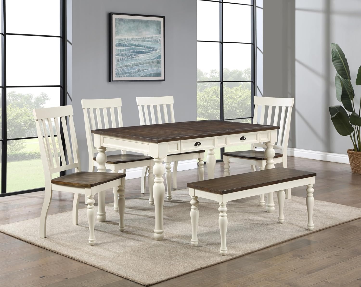 Steve Silver Furniture Joanna 6pc Dining Table Set, 60-Inch 2-Drawer Dining Table, 4 Side Chairs and 44″” Bench, Farmhouse Design, Dining Room, 59.45″” L x 35.82″” W x 31″” H, White