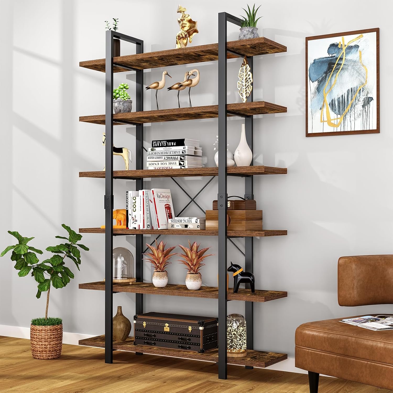 FRAPOW Bookshelf, 6 Tier Book Shelf 83Inch Tall Bookcase, Industrial Large Bookshelves Rustic Book Case with Open Metal Frame for Office, Bedroom, Farmhouse, Living Room
