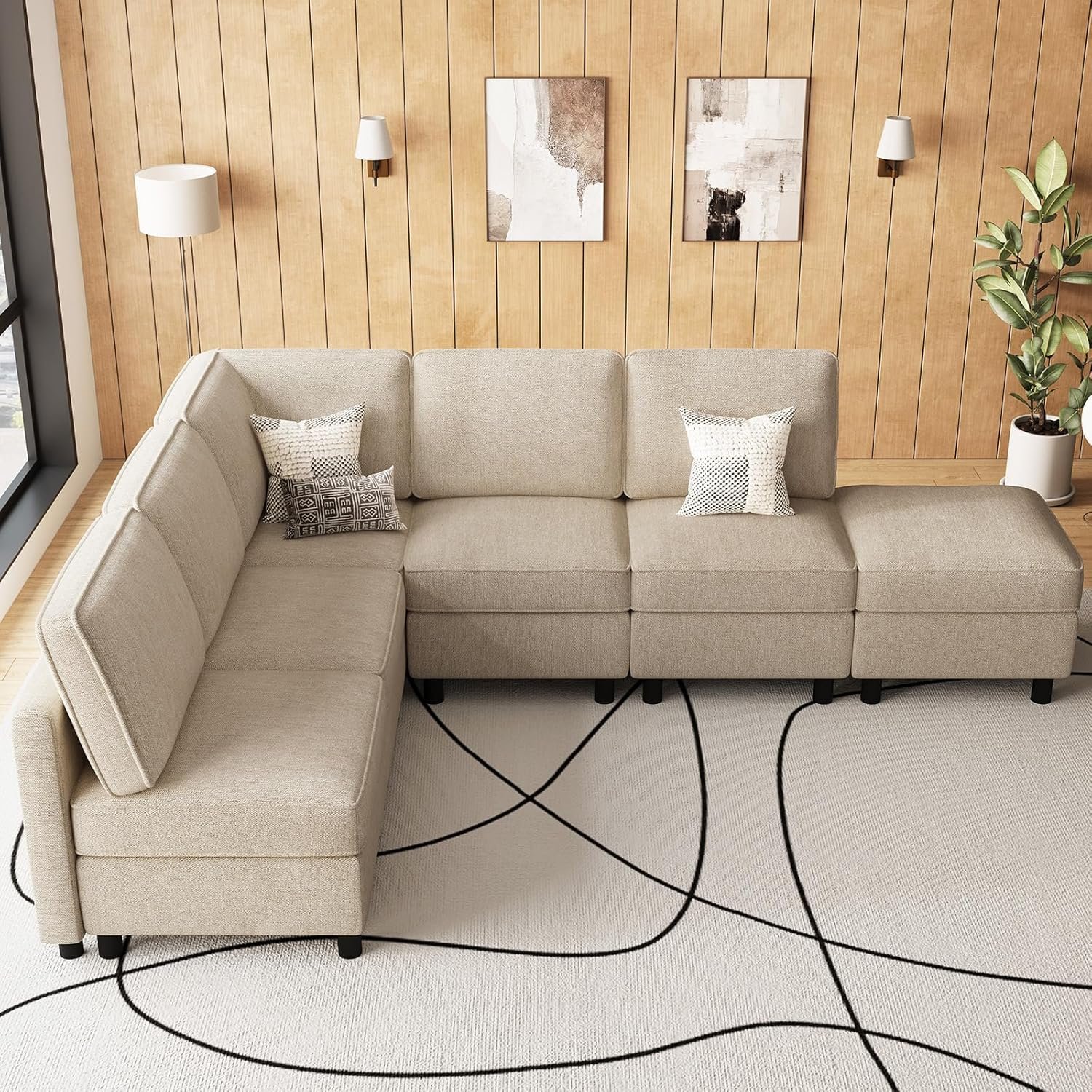 Belffin 107.1″ 6 Seats L Shaped Couch Modular Sectional Sofa Deep Seat Couch with Storage Comfy Washable Sectional Couches for Living Room Sofas with Chaise,Beige