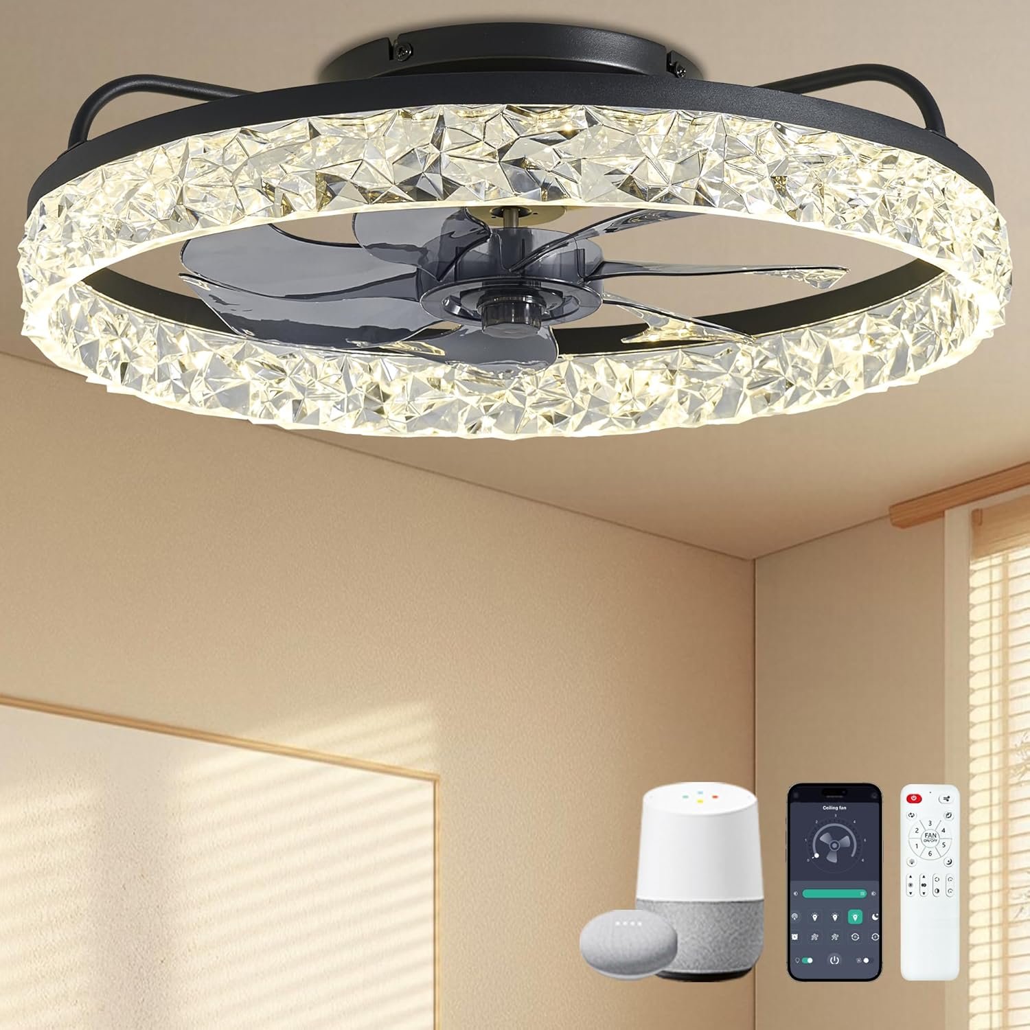 Smart Ceiling Fans with Lights Remote – 20” WiFi Alexa Flush Mount Low Profile Modern Ceiling Fans for Bedroom – Stepless Color Temperature and 6 Speeds – Black