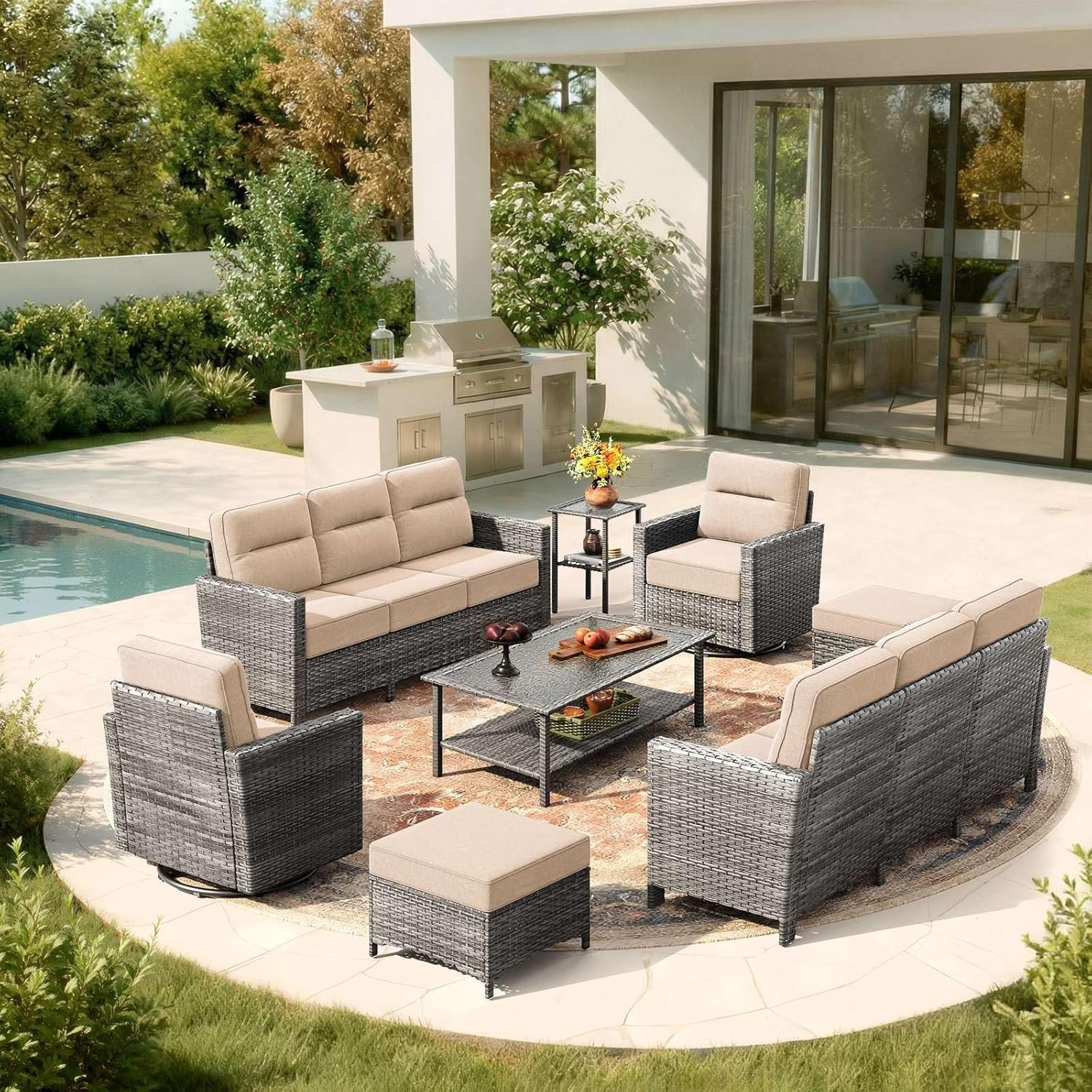 Luxury 8-Piece Patio Furniture Set with 6-Inch Thick Cushions, Outdoor Couch and Swivel Rocker Chairs, Wicker Conversation Set for Porch, Deck, Yard, Pool in Beige