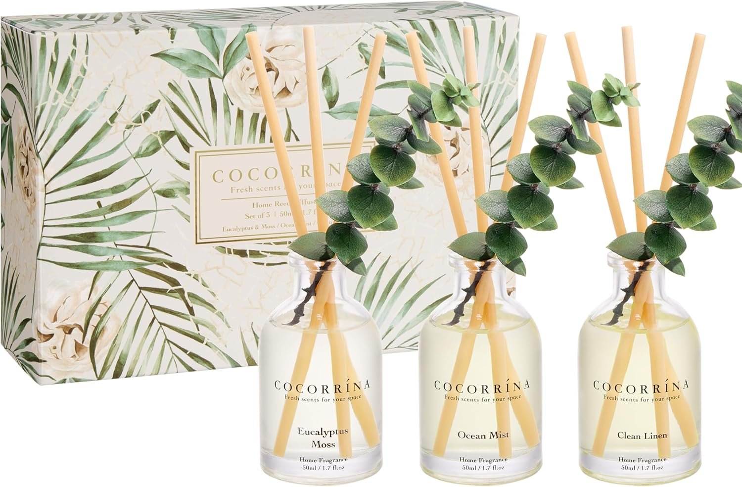 COCORRÍNA Eucalyptus Reed Diffuser Set of 3 – Eucalyptus & Moss, Clean Linen, Ocean Mist Scents, 1.7 fl oz Each, Total 5.1 oz, Scented Oil Diffusers for Home & Office