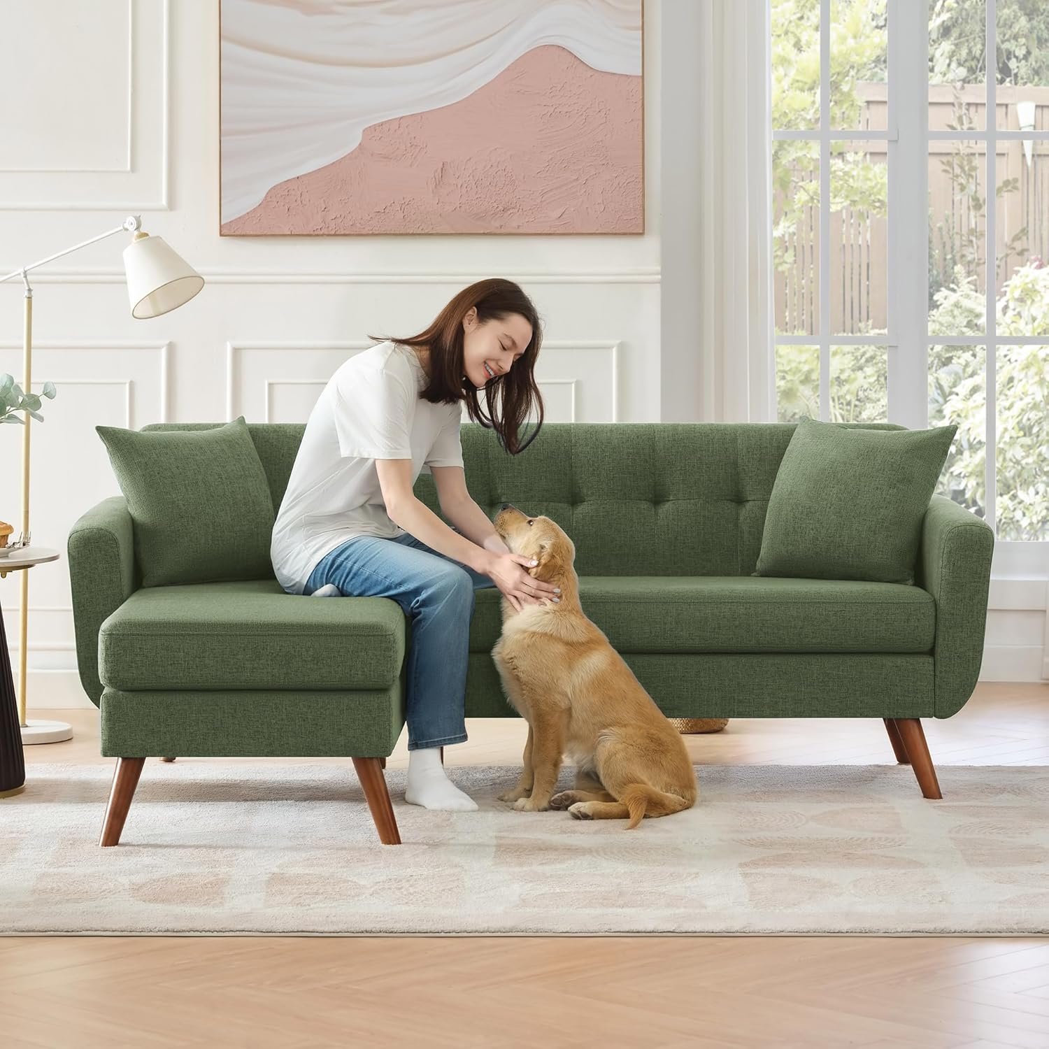 Tbfit L Shaped Couch Sofa, 80″ W Mid-Century Modern Sectional Couches, 3 Seater Sofas with Wide Chaise Lounge, Button Tufted Upholstered Sectional Sofa for Living Room, Bedroom, Green