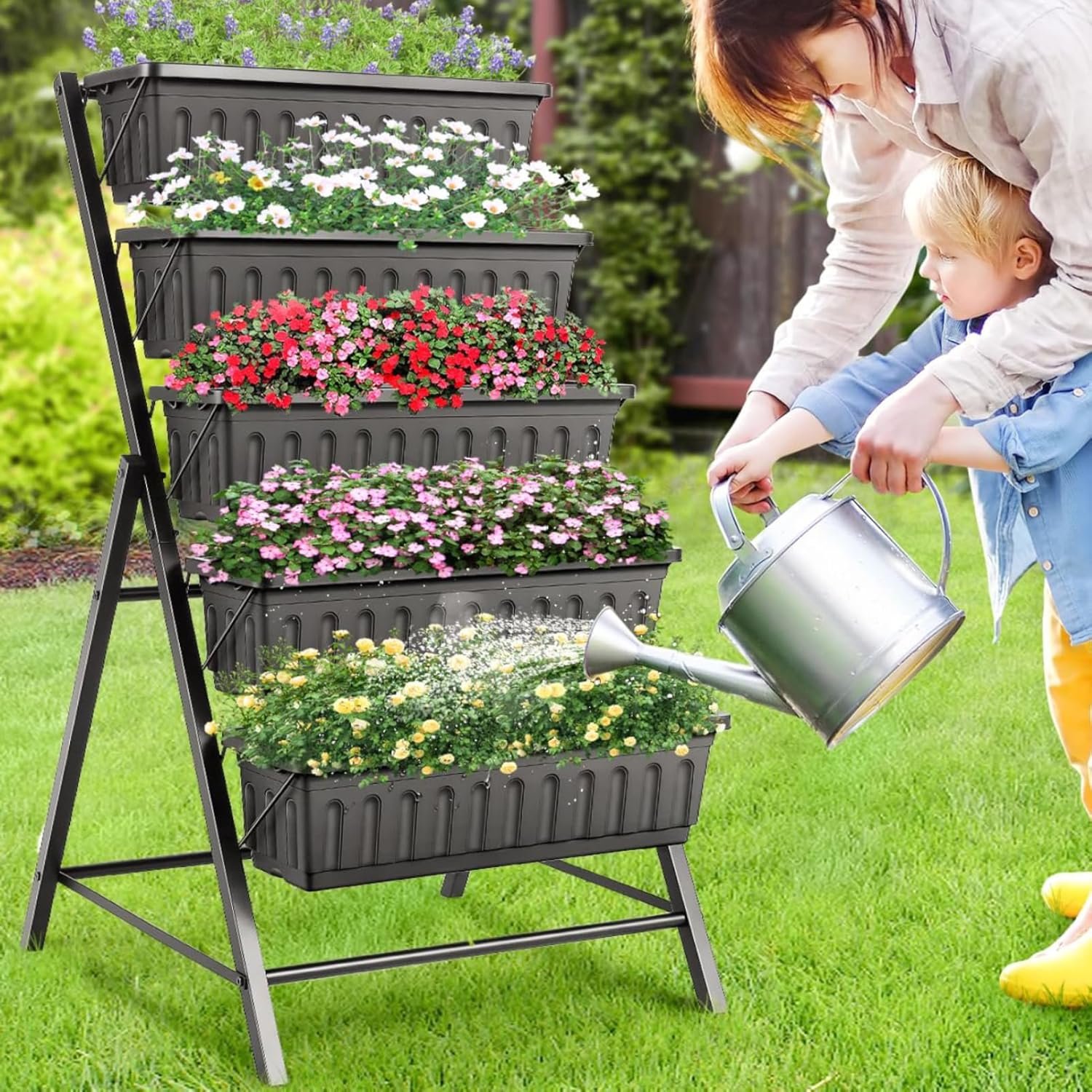 Suyncll Vertical Raised Garden Bed Planter Box,5 Tiers Vertical Garden Planter with Drainage System&4 Hooks for Herb Vegetables Flowers