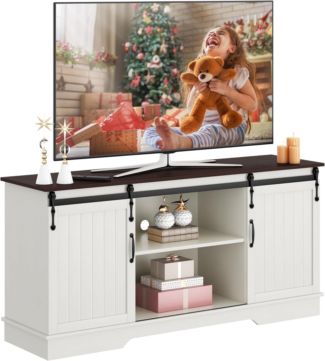 Yaheetech TV Stand for 65 Inch TV, Farmhouse Entertainment Center with Sliding Barn Doors, TV Media Console for Living Room, White & Espresso