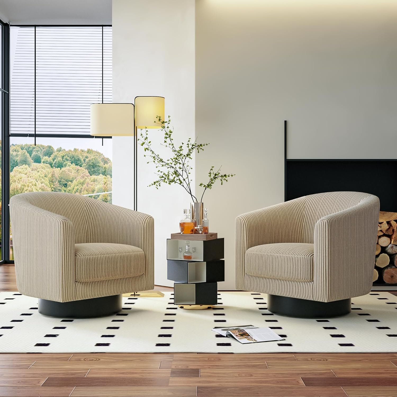 Swivel Accent Chairs Set of 2, 360° Bucket Chair, Modern Upholstered Barrel Armchair, Comfy Corduroy Single Sofa for Living Room Bedroom, Camel