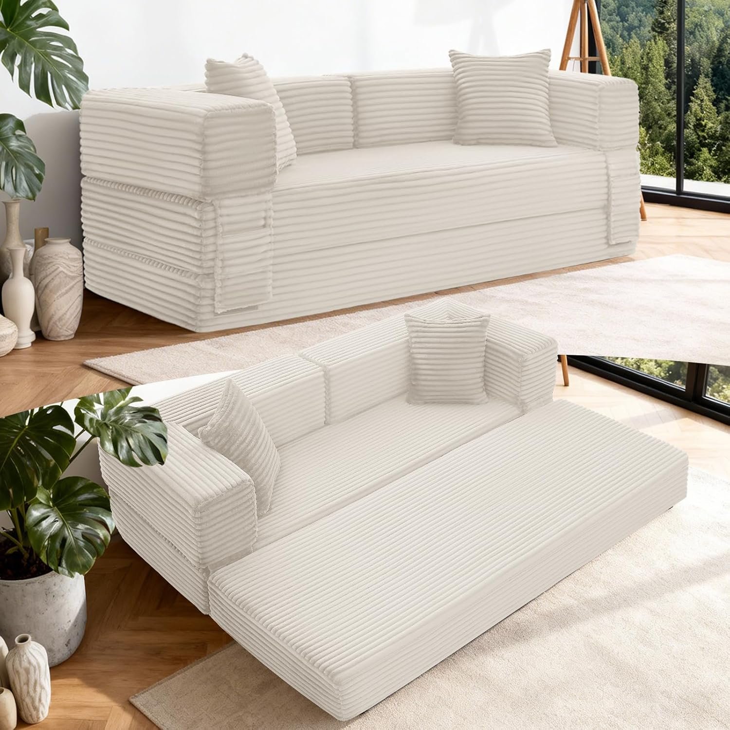 5-in-1 Folding Convertible Sofa Bed, 78 Inch Modern Corduroy Sleeper Couch with 3*pillows, Futon Modular Upholstered Boneless Beige Sofa with Pull-Out Bed, Folding FloorModular Couch for Living Room