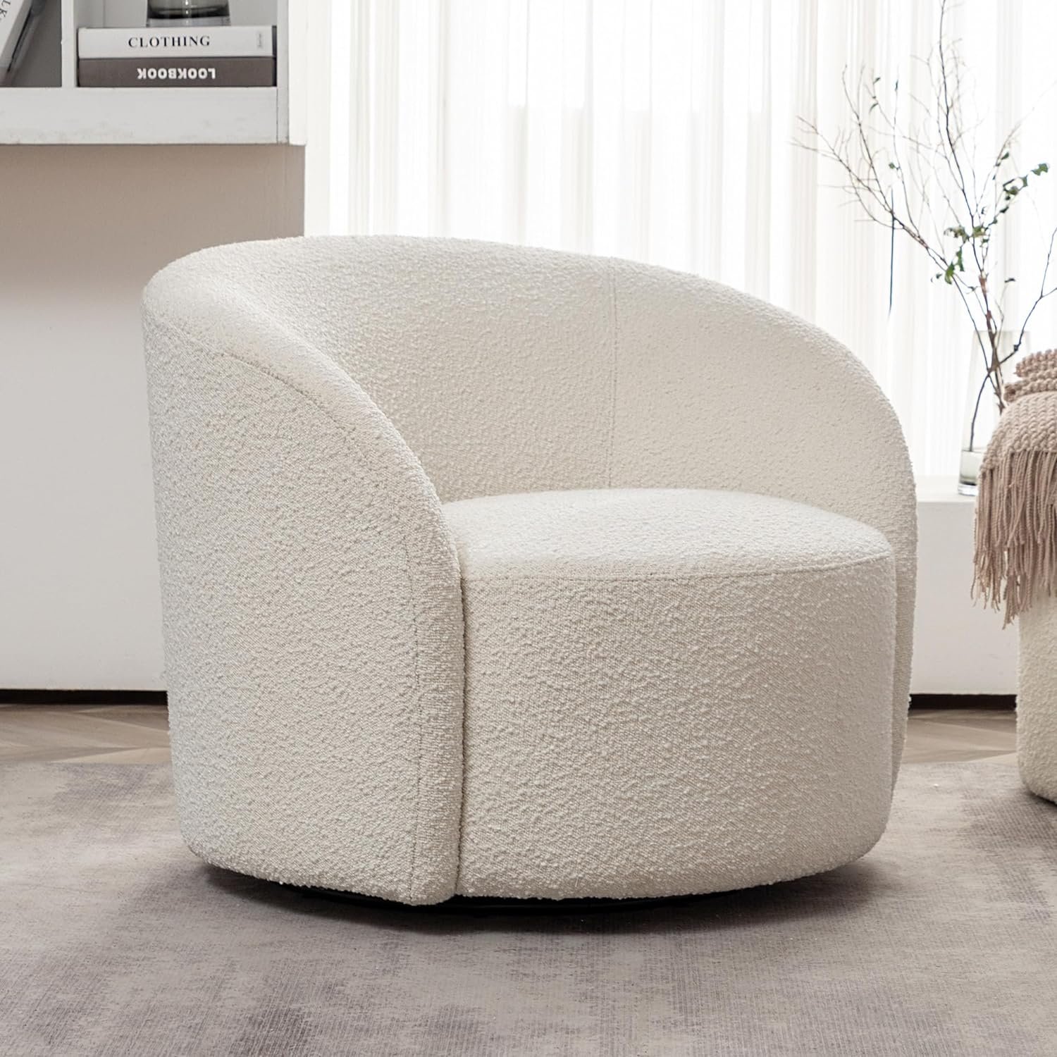 KINWELL 34″ W Mid Century Modern Swivel Barrel Chair, Round Upholstered Boucle Swivel Accent Chairs, No Assembly Sofa Chair for Living Room Bedroom Reading Apartment Lounge Nursery(Cream)