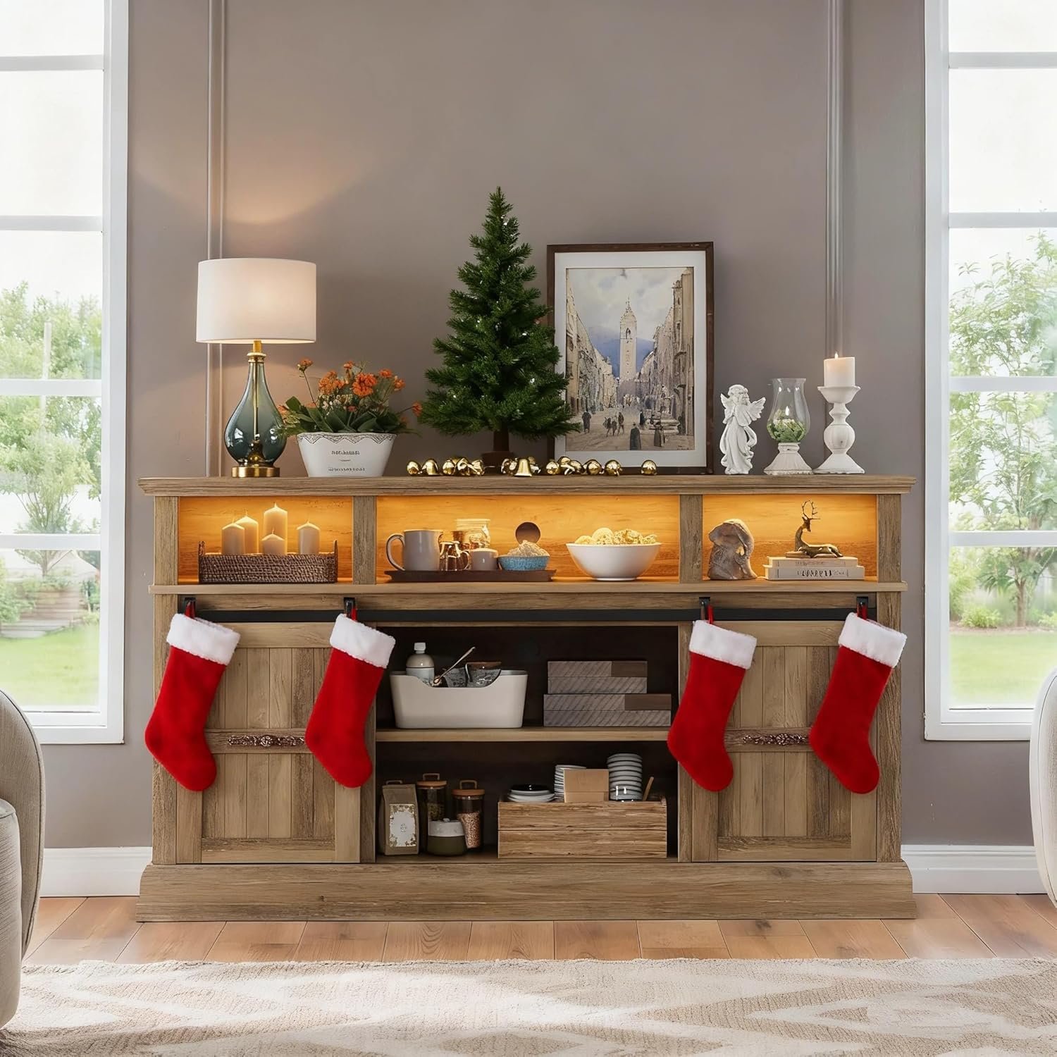 Farmhouse TV Stand for 75 Inch TV, 32″ Tall Entertainment Center with LED Light, Sliding Barn Doors TV Stand Rustic Media Console with Storage Cabinets and Adjustable Shelves for Living Room, Oak