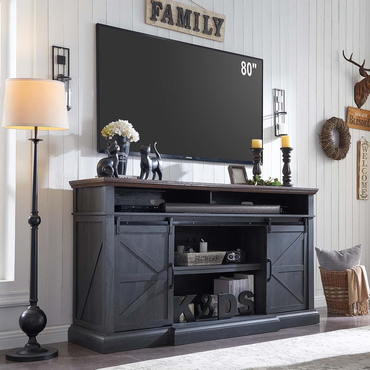 Farmhouse TV Stand for 80 Inch TVs, 37.4″Tall Entertainment Center w/Storage Cabinets and Sliding Barn Door, Media Console Cabinet w/Soundbar & Adjustable Shelves for Living Room, 70 inch (Dark Grey) | for 80 Inch TVs, 38″ Tall, Storage Cabinets, Sliding Barn Door, Soundbar, Adjustable Shelves