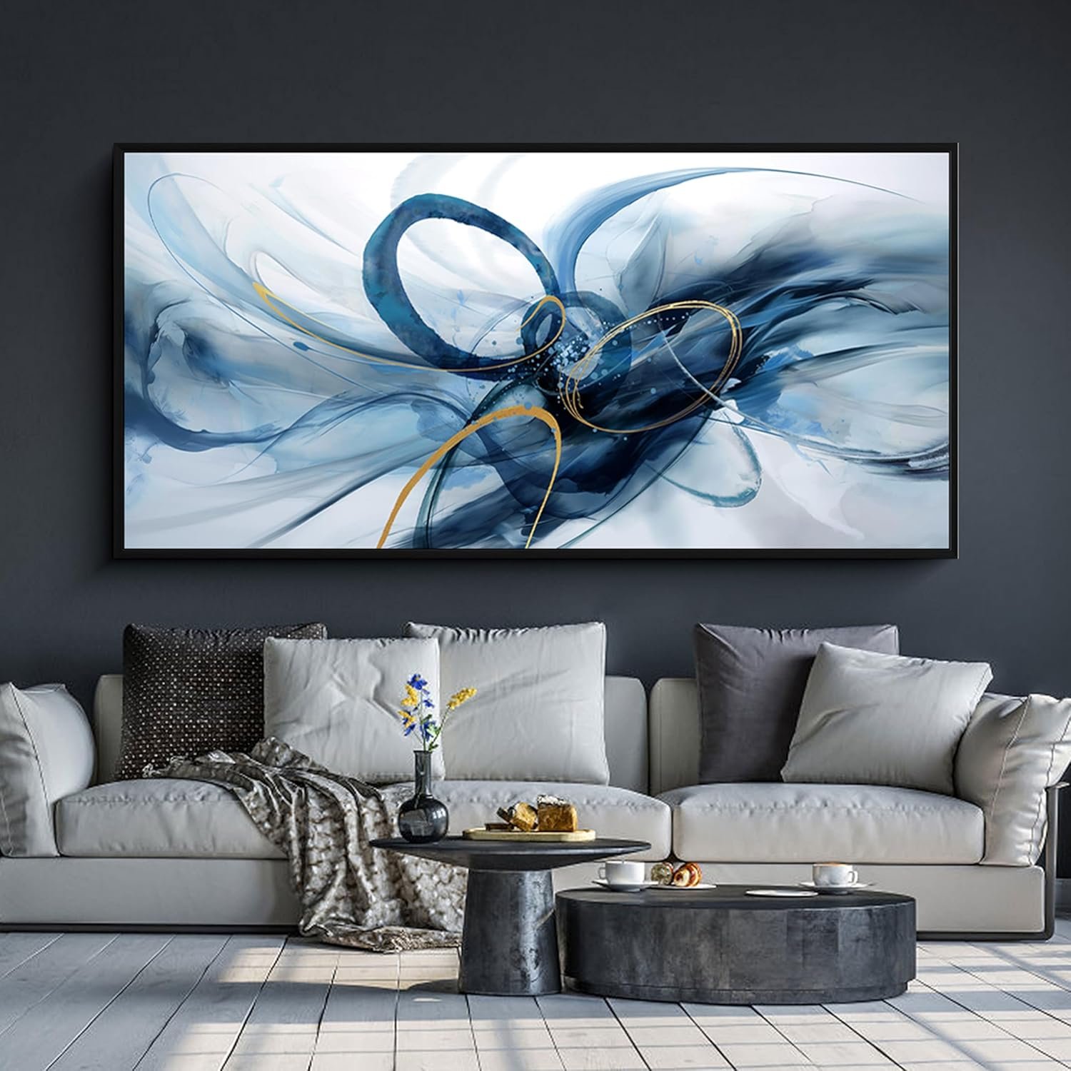 XLSJERST Frame Wall Art – Modern Abstract Canvas Wall Art Blue and White Picture Artwork for Office Bedroom Home Decoration
