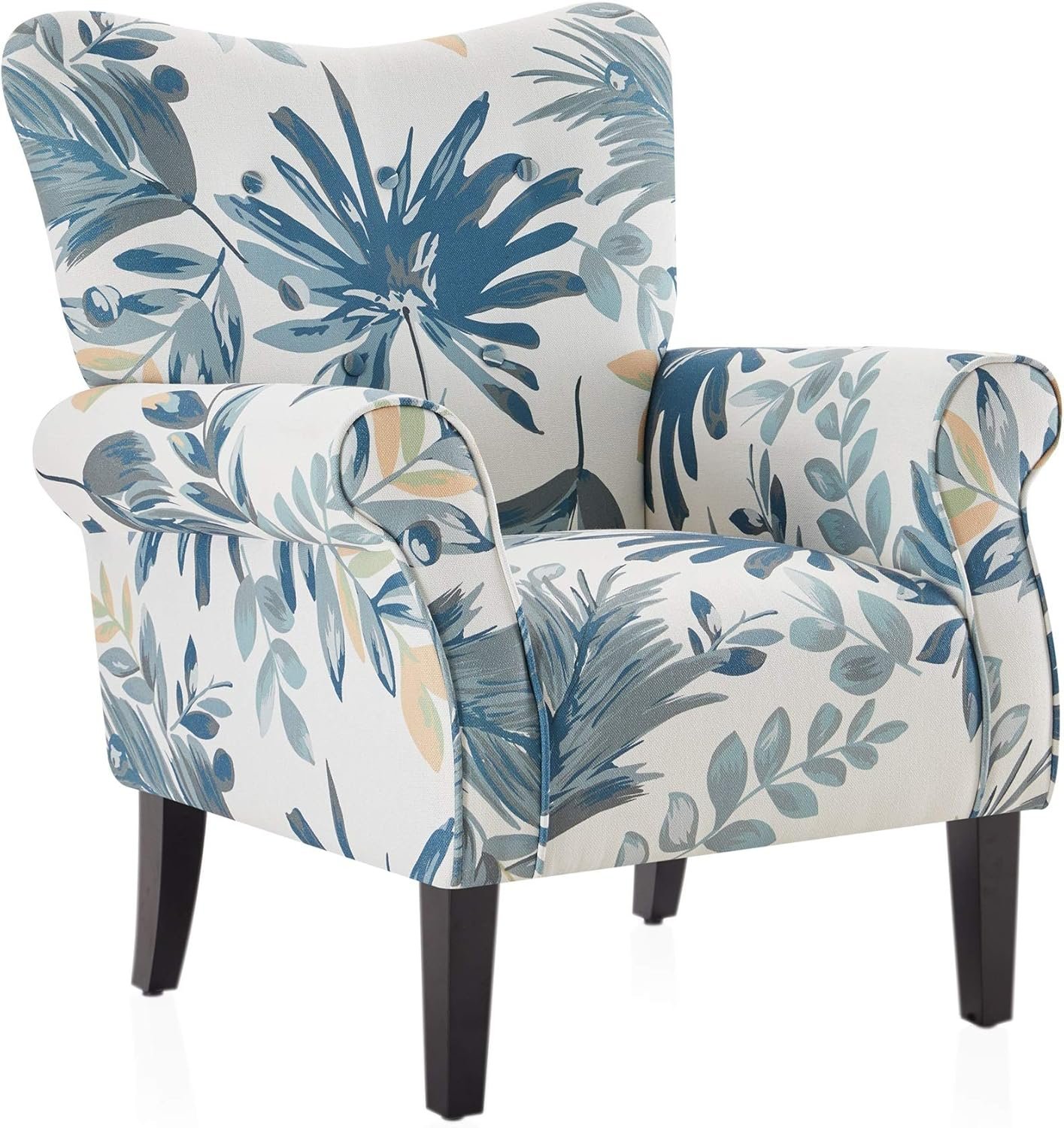 BELLEZE Modern Accent Chair, High Back Armchair, Upholstered Wingback Side Chair, Padded Single Sofa with Wooden Legs for Living Room, Bedroom – Green Blue Floral