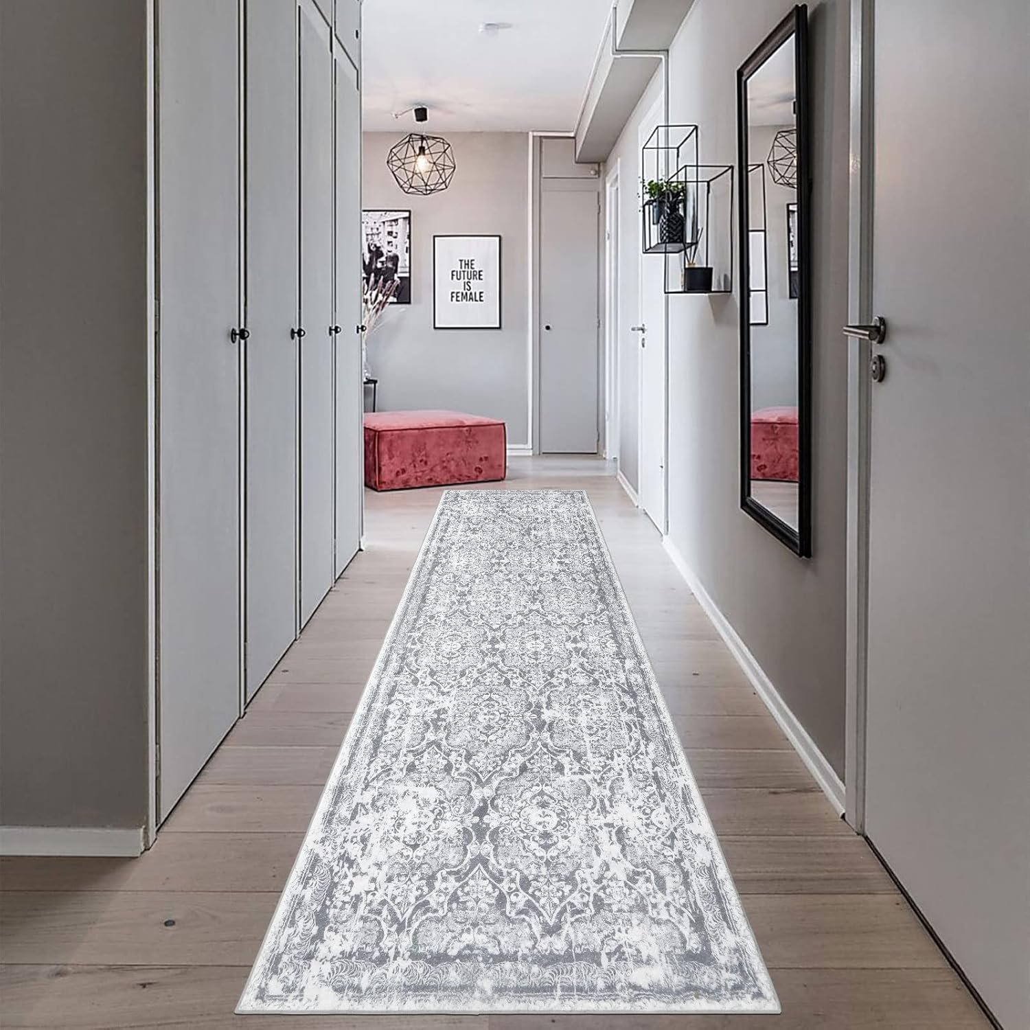 Vaukki Hallway Runner Rug, Vintage Shaggy Soft Laundry Rug Runner, Non Slip Entryway Runner Mat, Washable Farmhouse Kitchen Area Carpet for Bathroom, Entryway and Bedroom (2’6” X 8′, Grey)