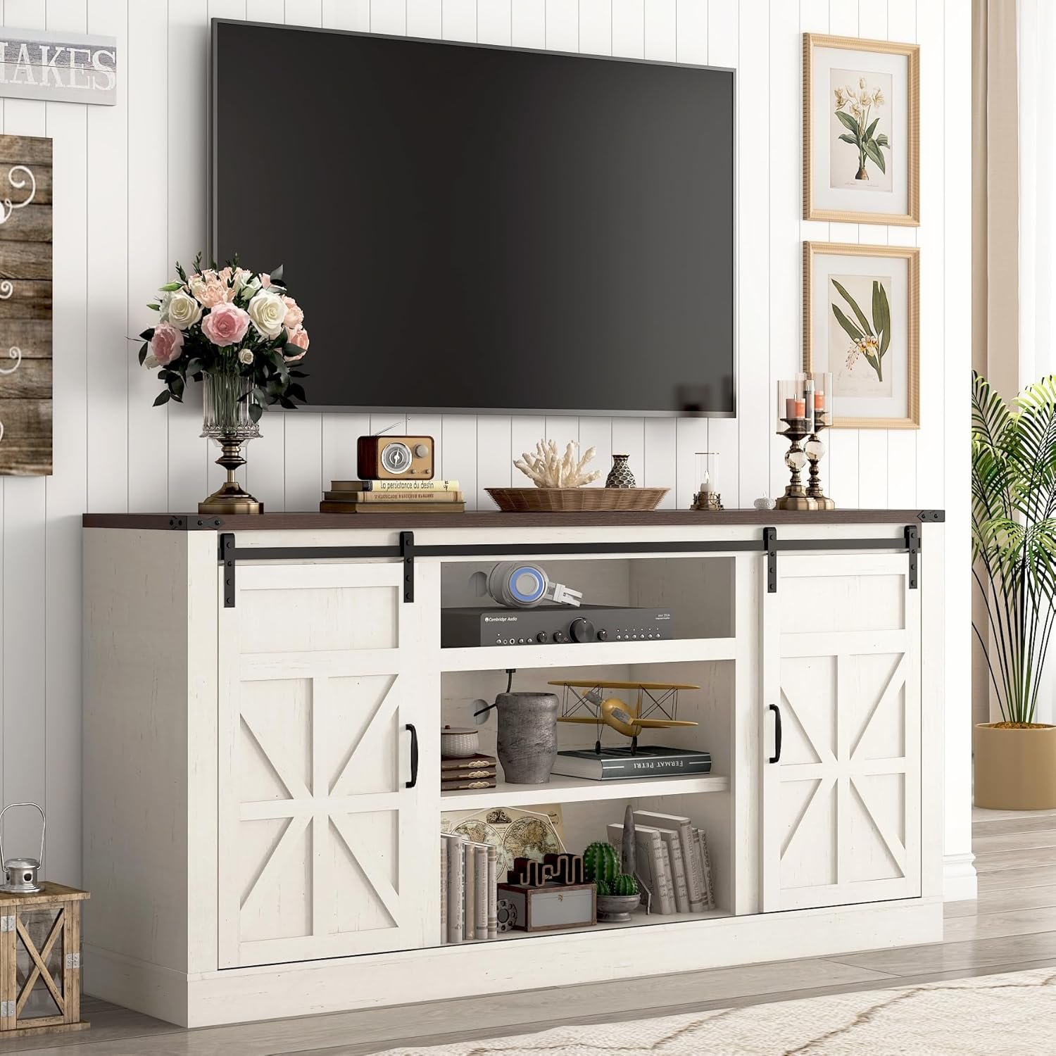 Hlivelood 66″ Farmhouse TV Stand for 75 Inch TV, 33″ Tall Entertainment Center with Power Outlets & Sliding Barn Door, Wood TV Stand with Storage, TV Media Console for Living Room, Antique White