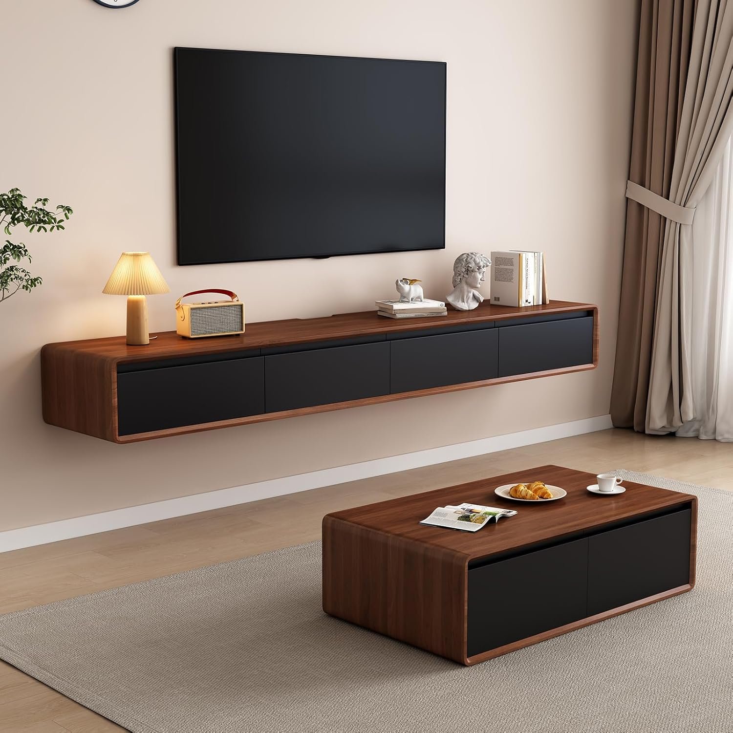Floating TV Stand – Wall Mounted Media Console with 2 Flip-Down Doors & 2 Drawers Entertainment Center TV Cabinet, Video Shelf for Home Room (Walnut & Black, 62.99×7.87×9.45IN)