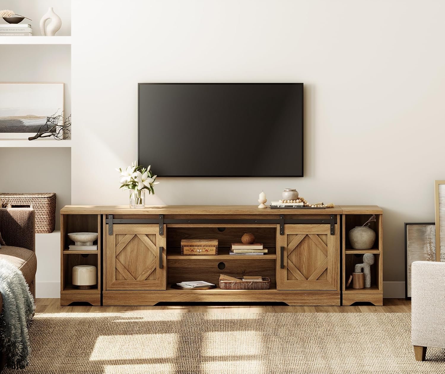 WAMPAT 3-in-1 Modern Farmhouse TV Stand for up to 85″ TV, 23.6″ H Wood Entertainment Center with Sliding Barn Door and Adjustable Media Storage Shelf for Living Room, Vintage Oak
