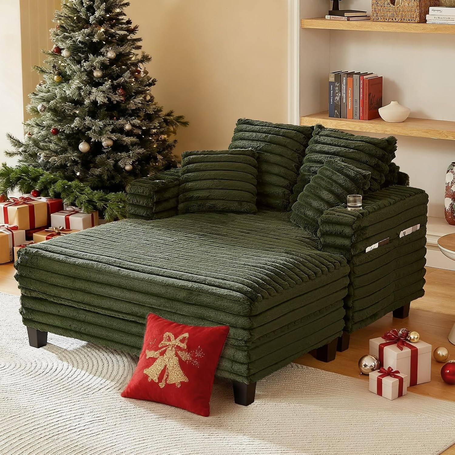 64″ Chaise Lounge Chair Indoor, Oversized Sleeper Chair with Wood Frame, Upholstered Sofa Bed for Living Room, Movie Room, Bedroom with 4 Storage Pockets&2 Cup Holders(Plush Corduroy, Green)